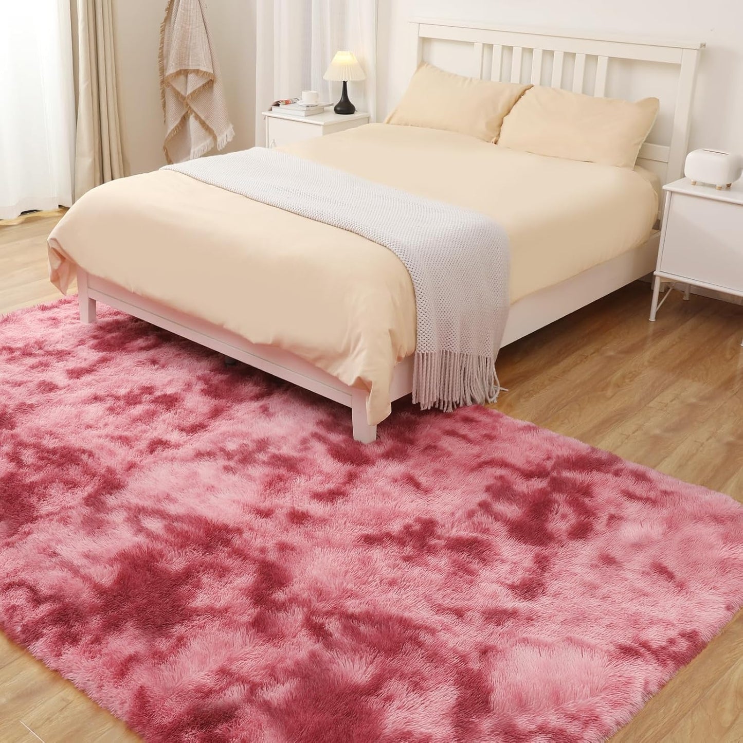 Area Rugs 9x12, Fluffy Rugs for Living Room, Ultra Soft Rugs for Bedroom, Non-Slip Indoor Carpet for Nursery, Kids Room, Playroom, Home Decor, Tie-Dyed Dark Pink