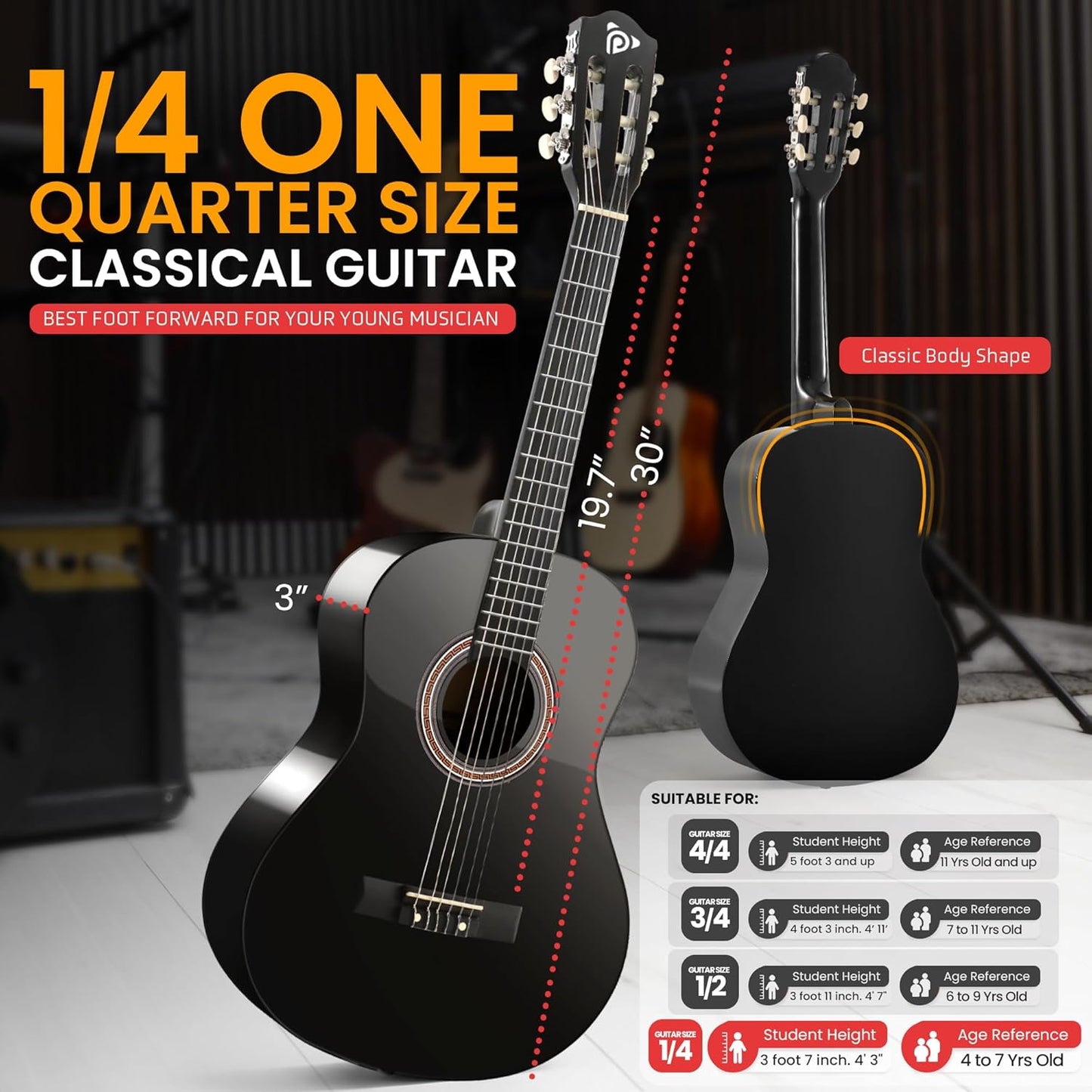 Pyle Beginner Acoustic Guitar Kit, 1/4 Junior Size All Wood Instrument for Kids, Adults, 30" Black Matte
