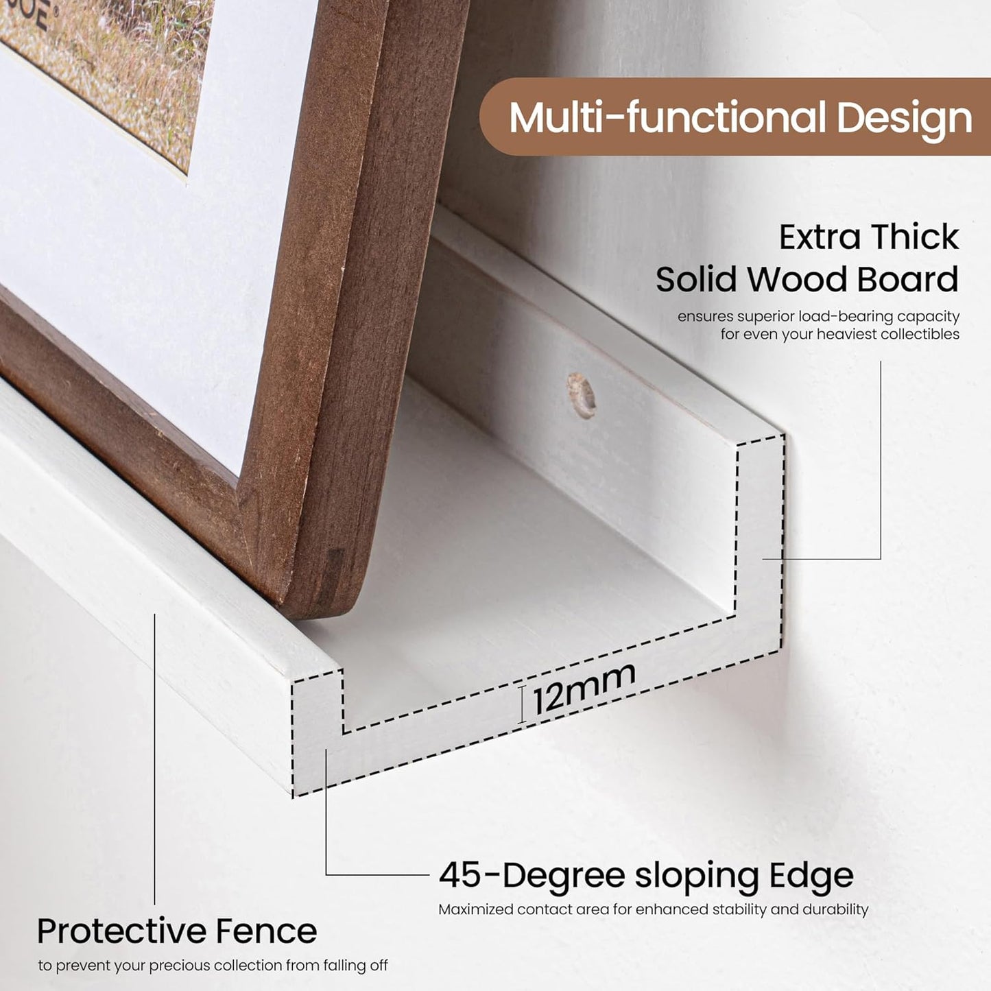 Picture Ledge Shelf, Solid Pine Wood Floating Shelves Set of 2, 32 Inches Nursery Book Shelves for Toys Storage, Kids Bookshelf Wall Mounted for Living Room Bedroom Decor Books Photo Frames, White