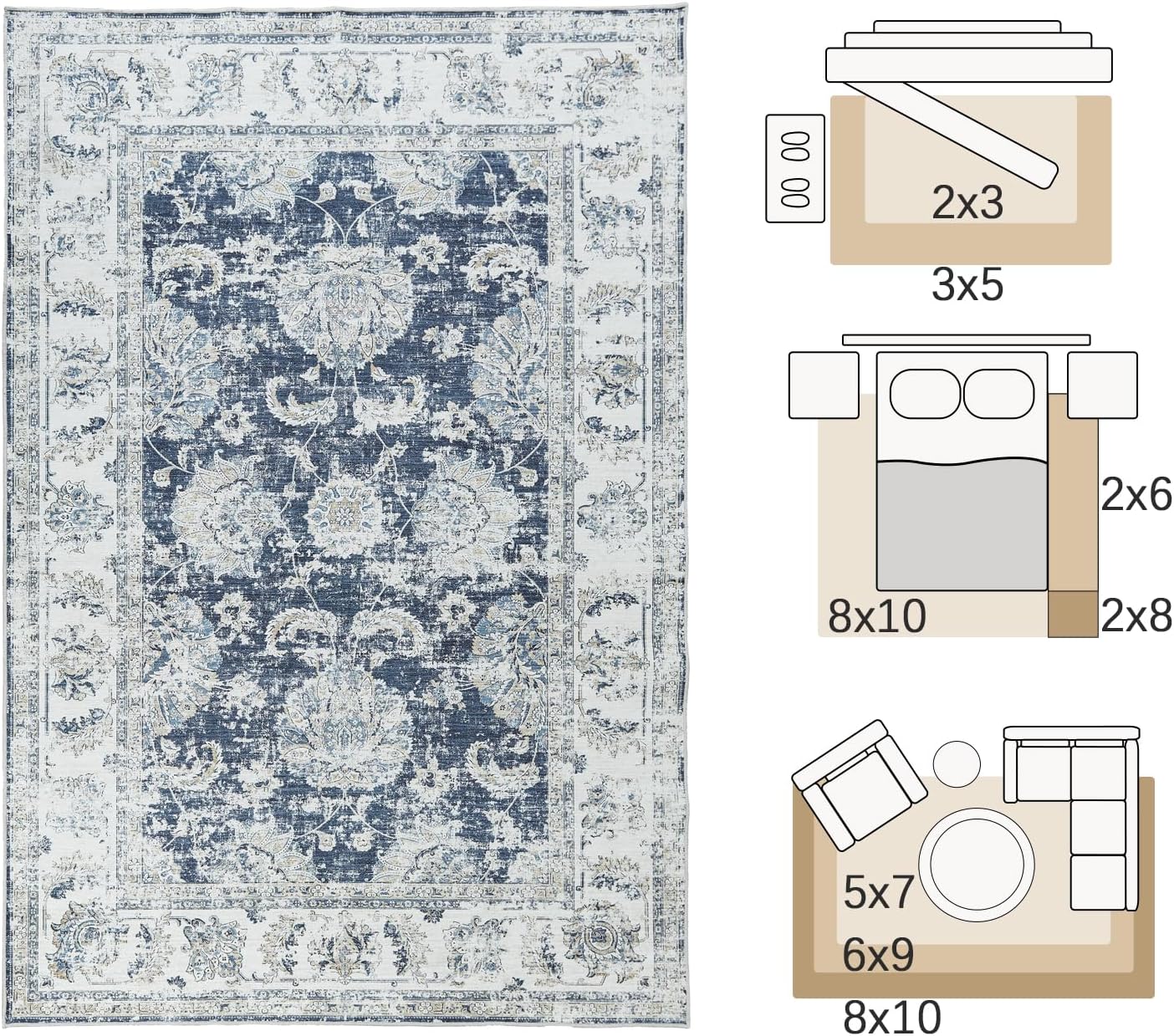 jinchan Floral 2x3 Rugs for Entryway - Vintage Washable Small Non-Slip Distressed Indoor Doormat Ultra-Thin Low-Pile Accent Rug for Entrance Kitchen Bedroom Bathroom (2x3ft,Dark Blue)