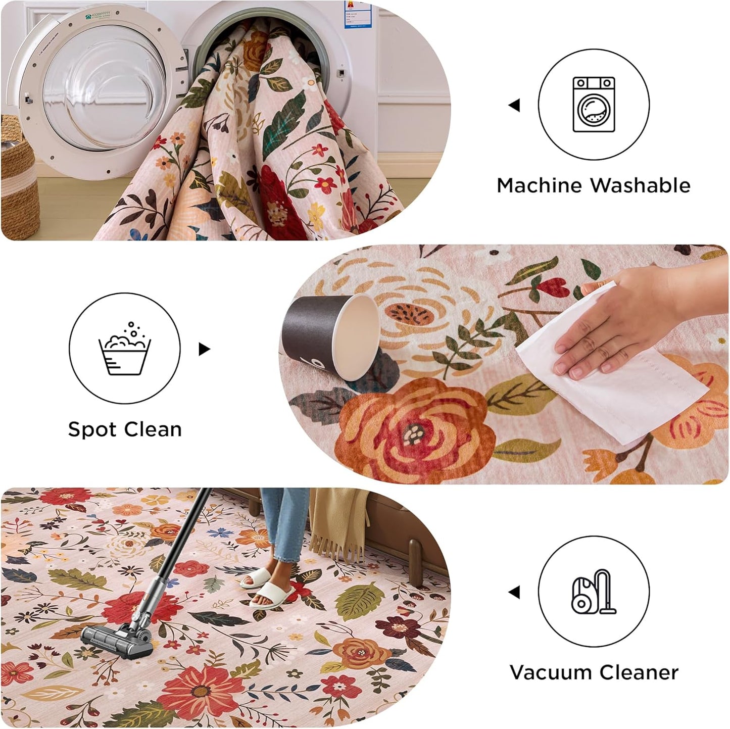 5x7 Washable Rug for Living Room, Pink Floral Area Rug, Non Slip Low Pile Soft Flower Carpet, Large Rugs for Bedroom, Dining Room, Office, Kids Playroom, Nursery, Pink/Beige