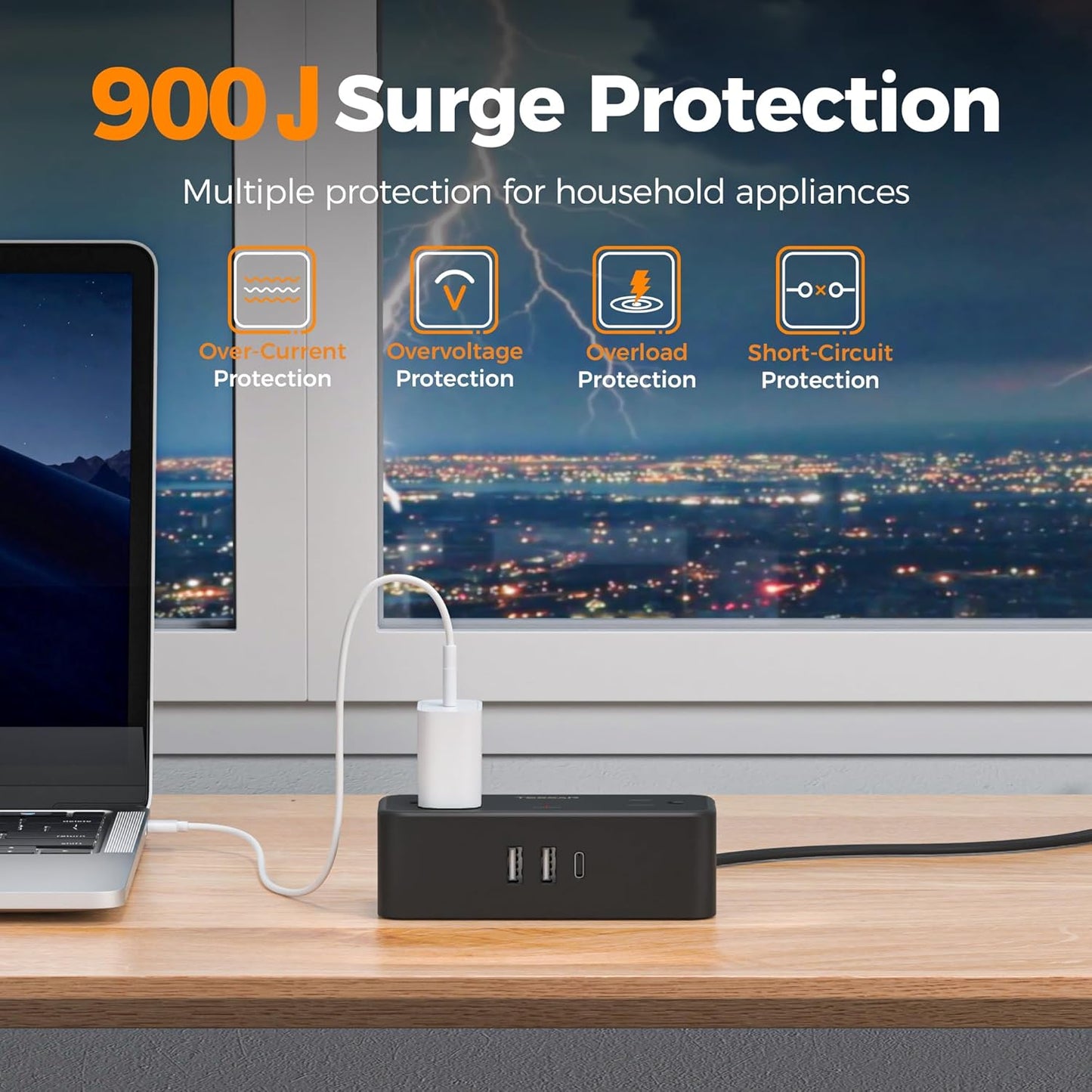 Black Extension Cord 5 Ft, TESSAN Flat Surge Protector Power Strip with 4 Wide Spaced AC Outlets 3 USB Ports (1 USB C), Ultra Thin Flat Plug with 900J Surge Protection, Office Dorm Room Essentials