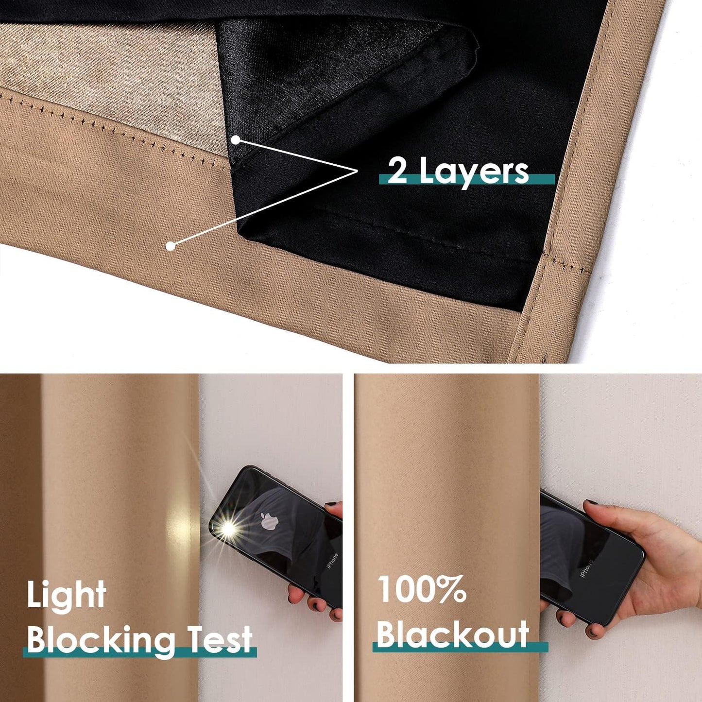 ChrisDowa 100% Blackout Curtains 108 inch Long for Bedroom with Black Liner, 2 Thick Layers Total Blackout Thermal Insulated Grommet Window Curtains 2 Panels Set (Cappuccino, 52 x 108 Inch)