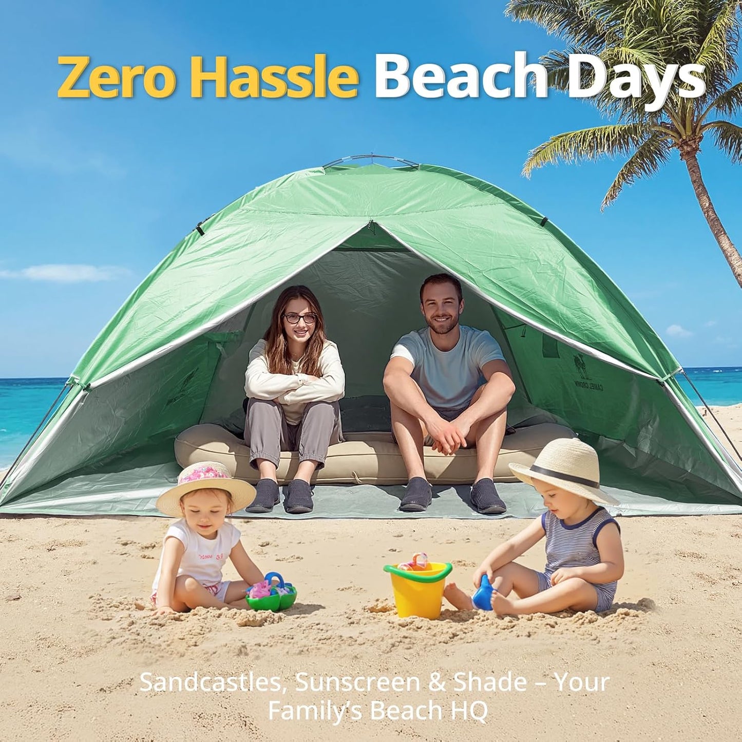CAMEL CROWN Beach Tent UPF 50+ Sun Shelter for 2/3/5/6 Person, Lightweight Portable Sun Shade with Sand Anchor, Family Beach Day & Outdoor Adventures