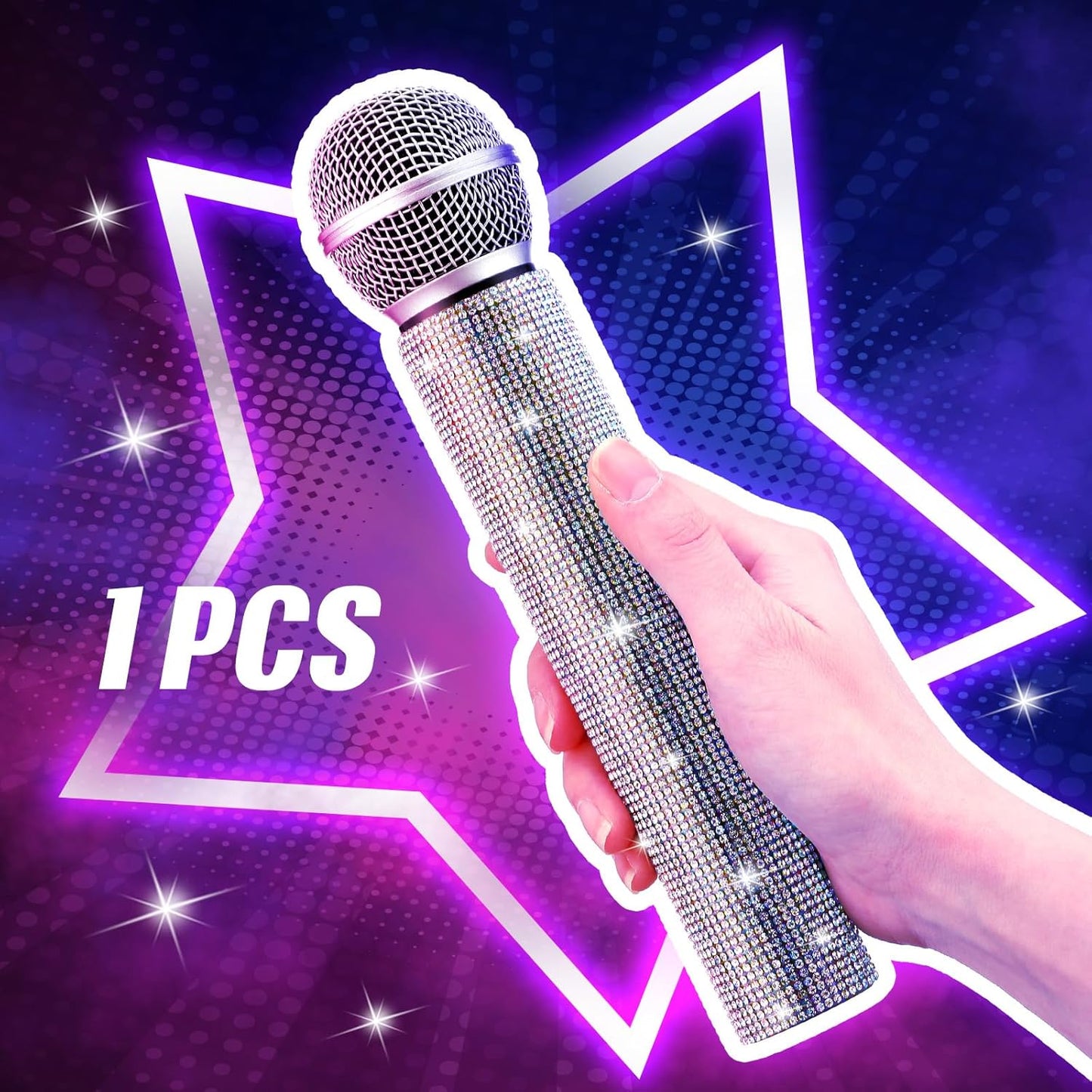 Sanwuta Fake Microphone Prop Sparkly Bling Rhinestones Plastic Play Microphone Pretend Glitter Bedazzled Mic for Cosplay Party Costume(AB Color)