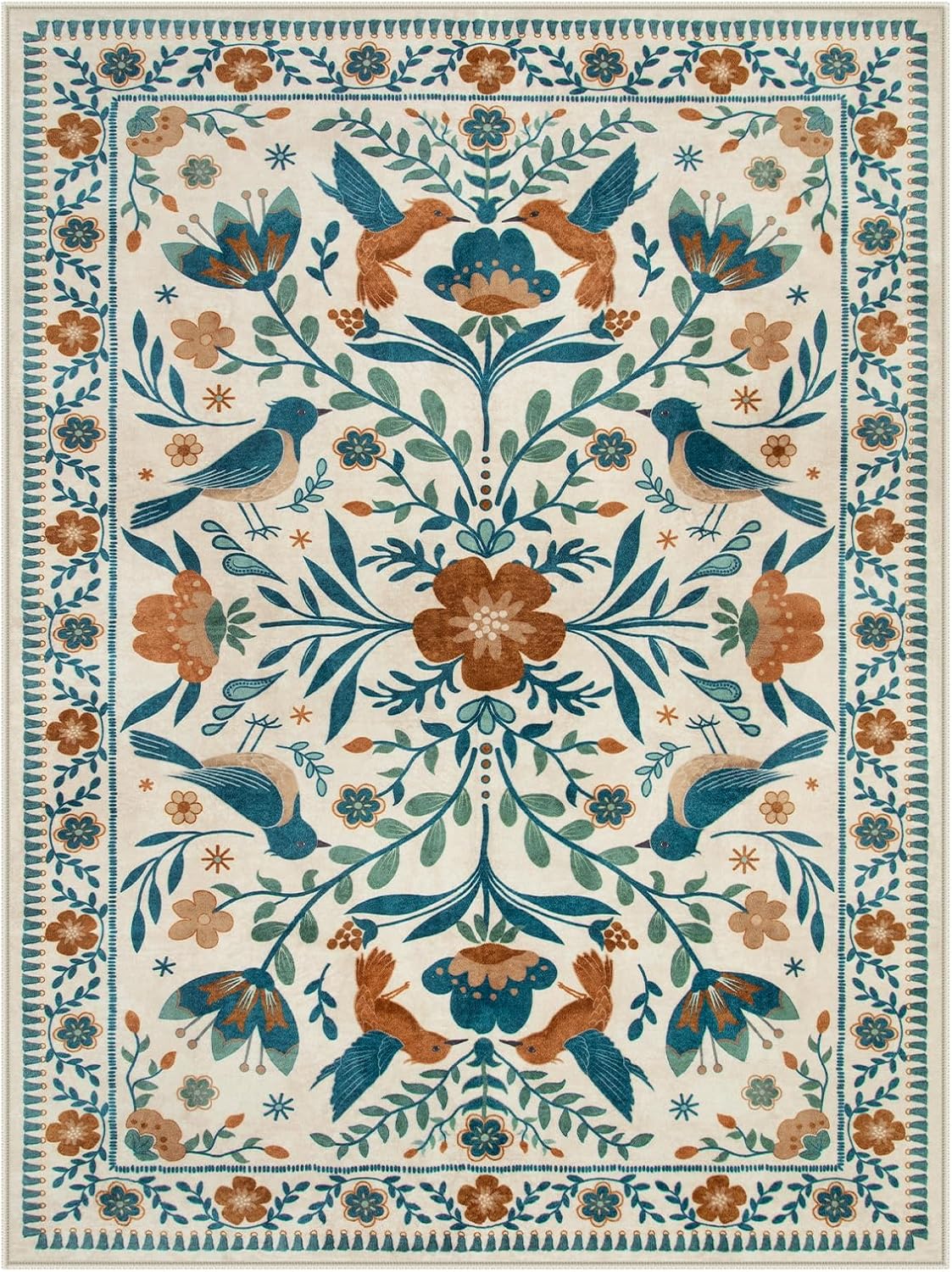 Moynesa Boho Bird 9x12 Area Rug Washable 9x12 Rugs for Living Room, Large Floral Bedroom Carpet Low-Pile Soft Animal Playroom Rug, Jungle Pattern Indoor Carpet for Dining Room Nursery