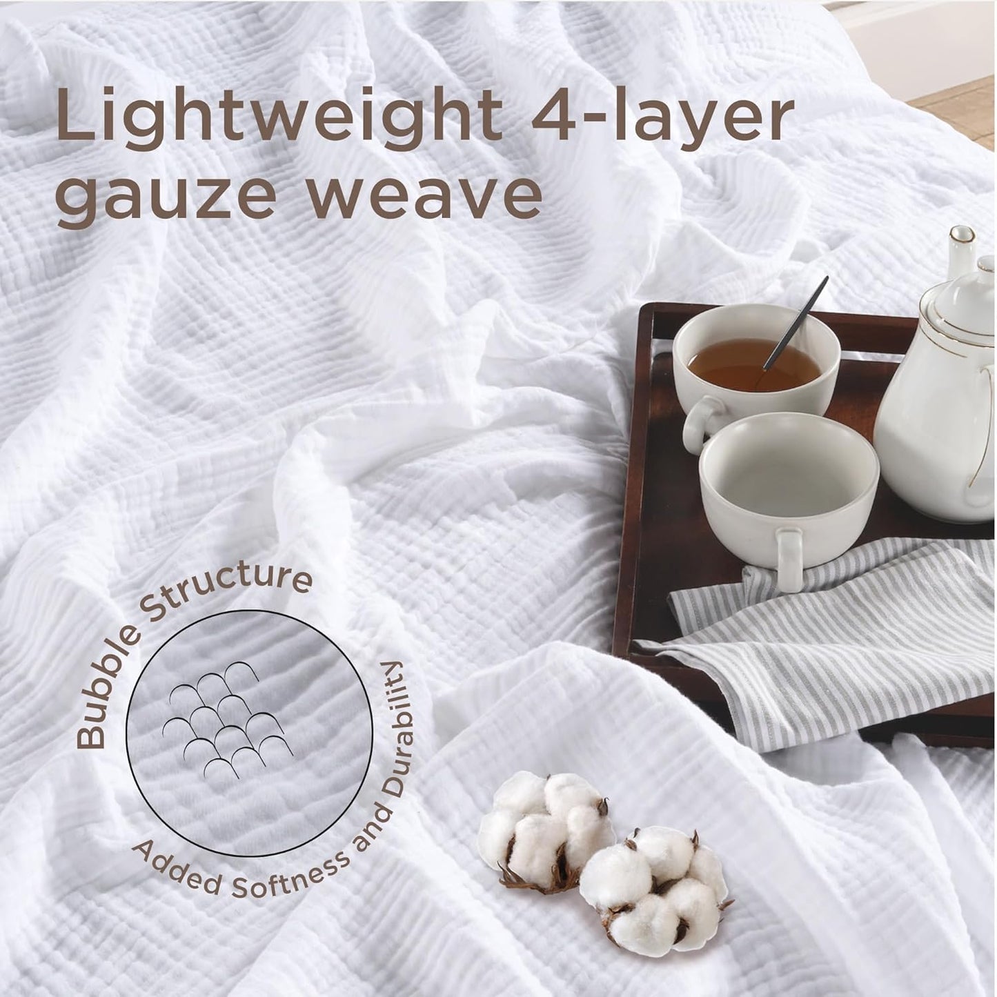 Threadmill Muslin Twin Blanket | Soft, Breathable and Lightweight Summer Blanket | 4-Layer Gauze for Kids and Adults | Twin Size | White