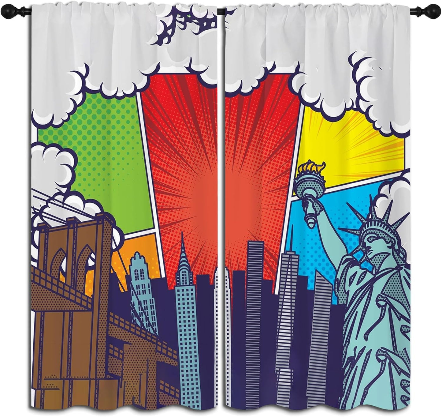 City Rod Pocket Blackout Curtains for Boy Girl Bedroom, Pop Art Style New York Cityscape Thermal Insulated Home Window Drapes for Living Room Darkening, 72x63 inch