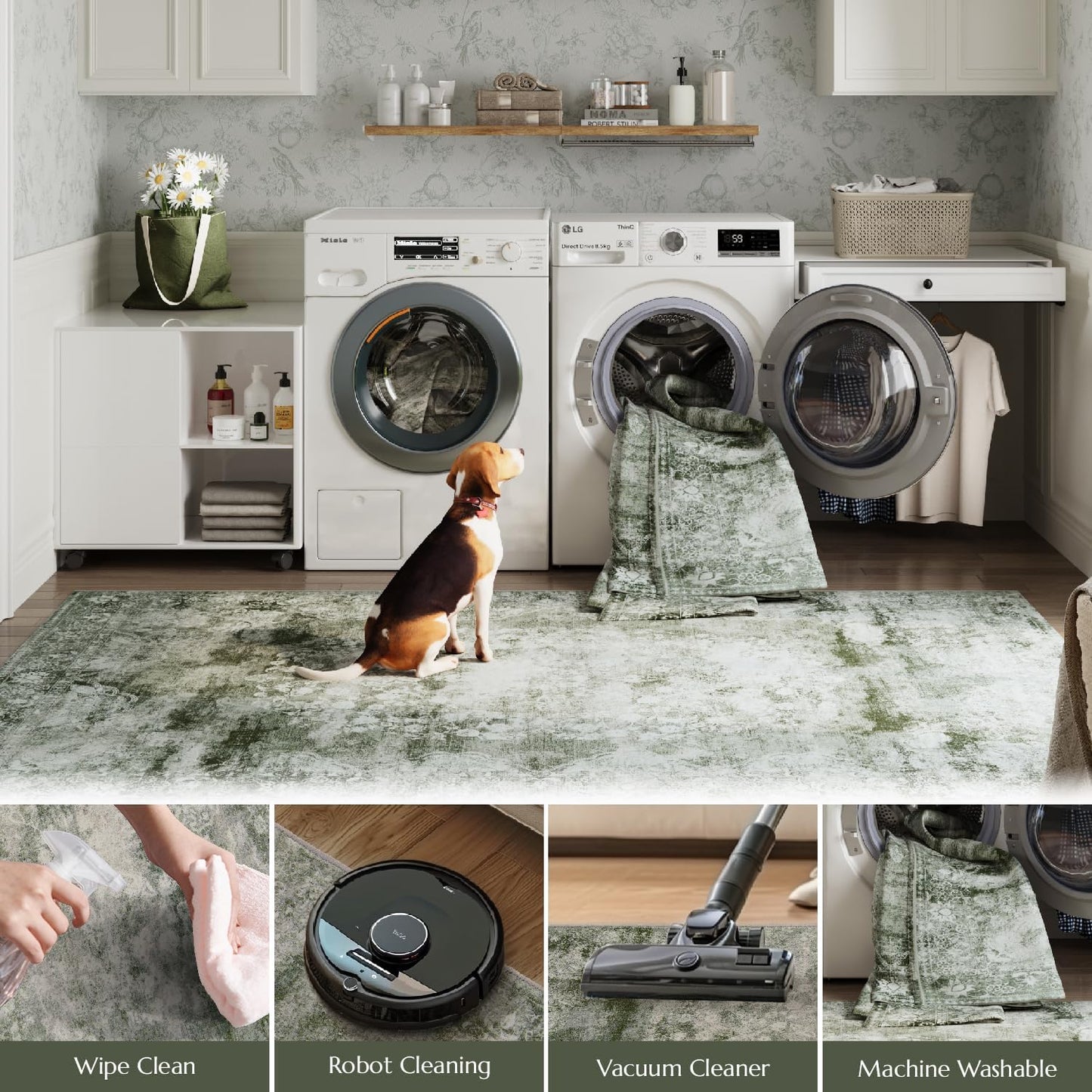 jinchan Green Floral 3x5 Area Rugs for Entryway - Machine Washable Vintage Distressed Design Low-Pile Soft Non-Shedding Carpet for Kitchen Bedside Laundry Living Room (3x5ft, Forest Green)