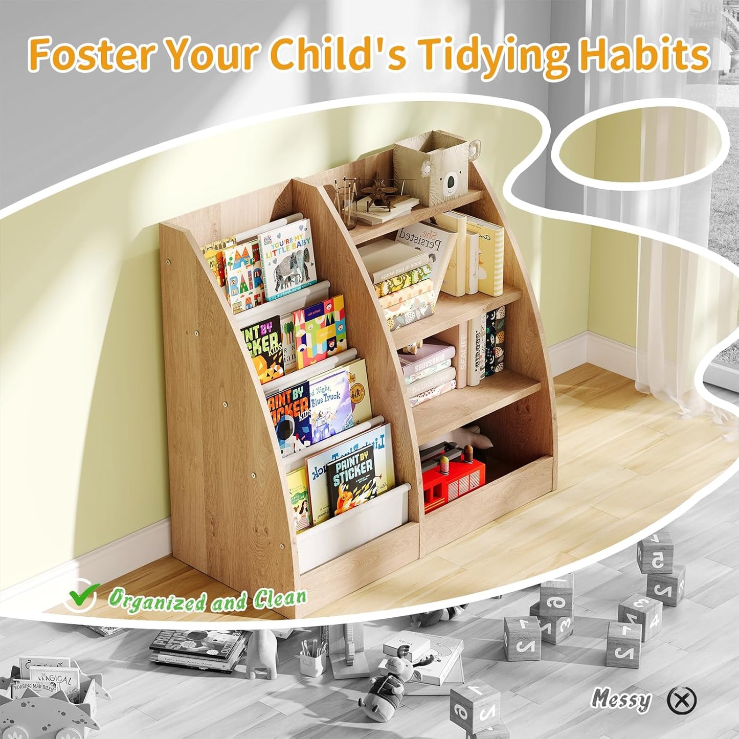 4 Tier Kids Bookshelf Set of 2,4 Layer Sling Kids Book Shelf for Kids Rooms,Wood Children Bookcase,Baby Storage Book Rack,Toddler Bookshelf, Book and Toy Organizer,Book Display Shelf for Nursery