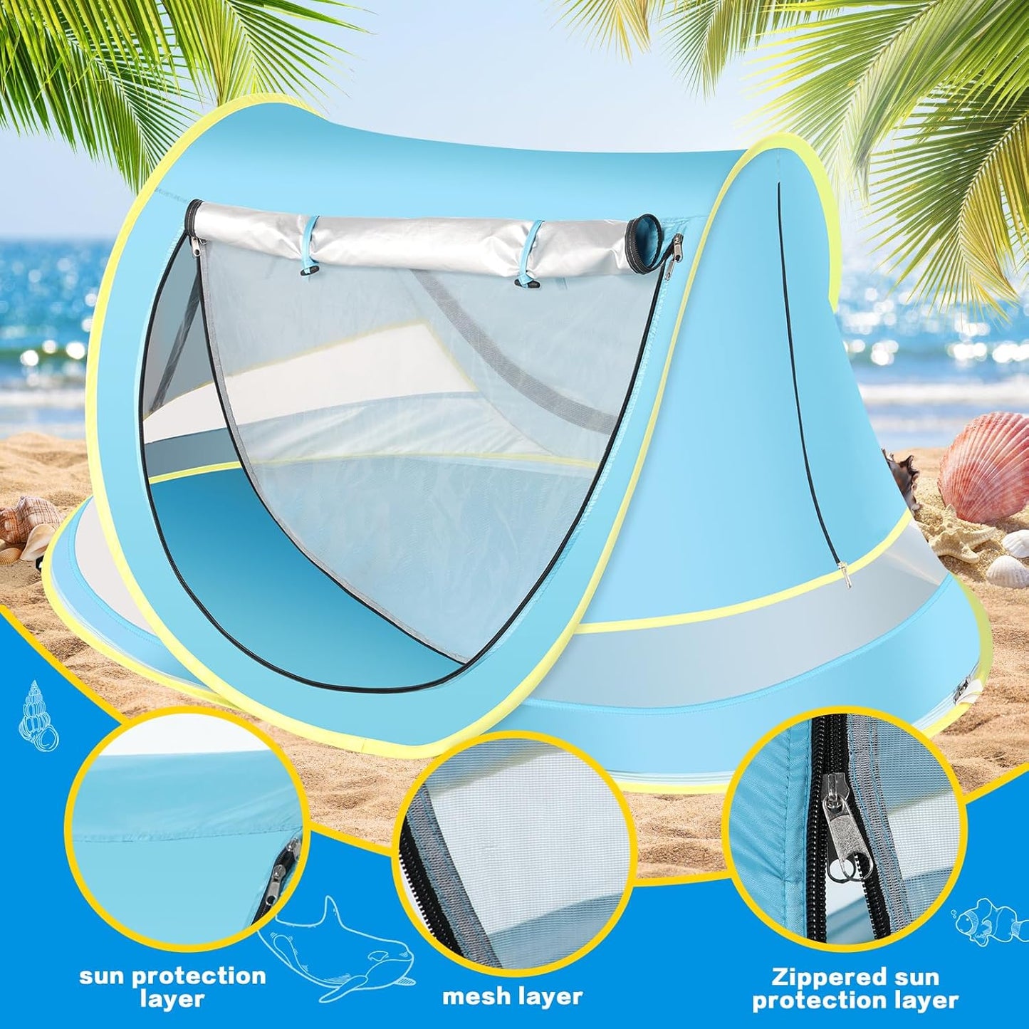 Baby Beach Tent with Baby Hat, Pop Up Toddler Travel Bed with Sun Hat for Boys or Girls, Sun Shade for Toddler Camping, Infant Portable Sun Shade, Summer Beach Baby