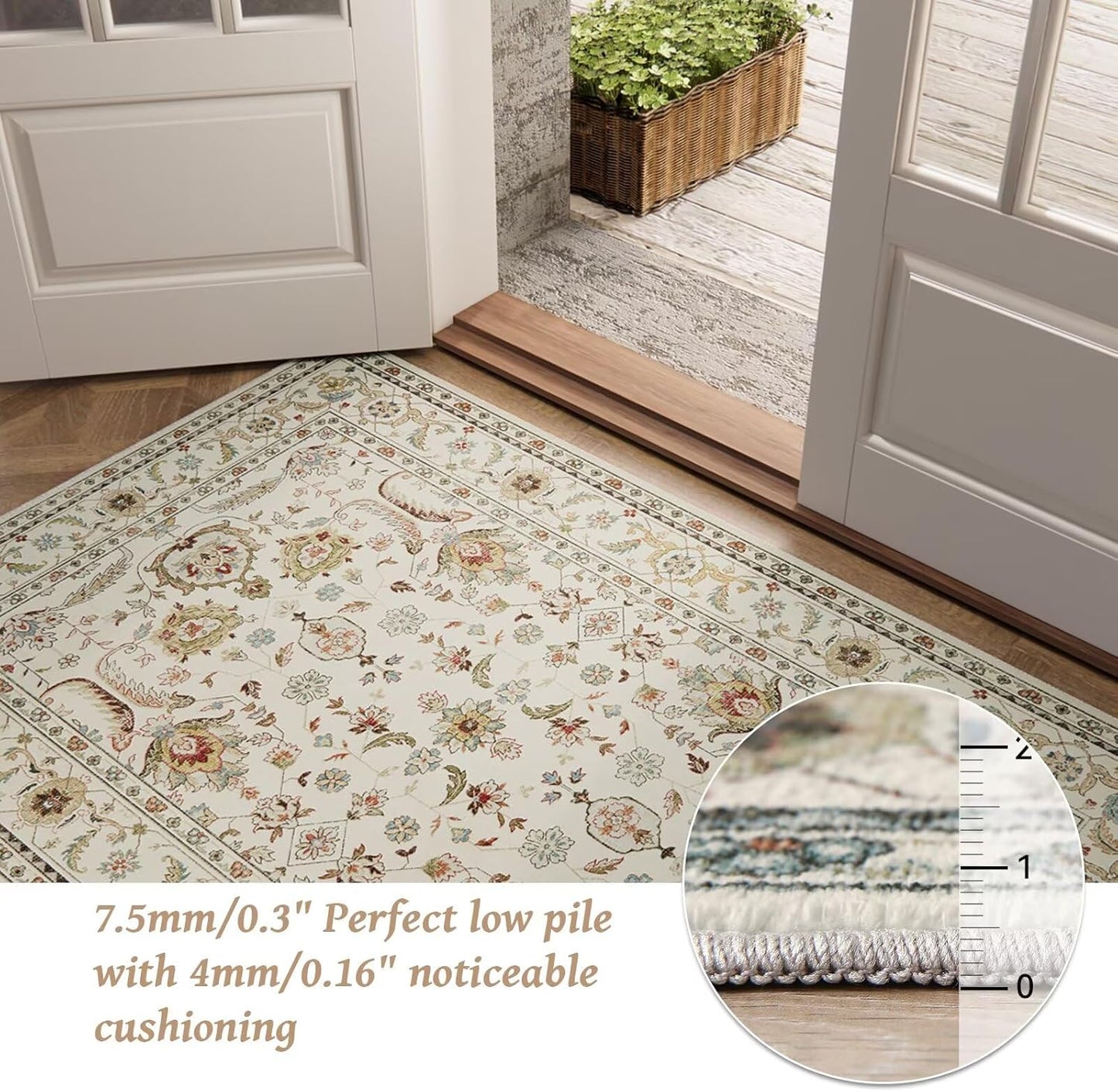 Washable 8x10 Area Rugs for Living Room, Boho Non-Slip Silicone Backing Rugs for Bedroom Dining Room Nursery Office, 0.3" Neutral Oriental Throw Carpet with 0.16" Cushioning Pad, Light Beige/Multi