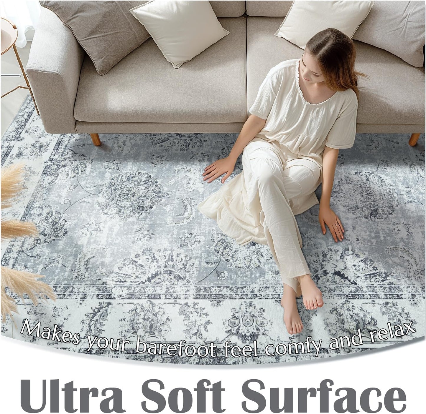 jinchan Hallway Runner Rug 3x8 Washable Runner - Vintage Floral Non Slip Low-Pile Soft Thin Faux Wool Kitchen Rug Distressed Carpet for Farmhouse Bedroom Laundry Room(3x8ft,Grey)