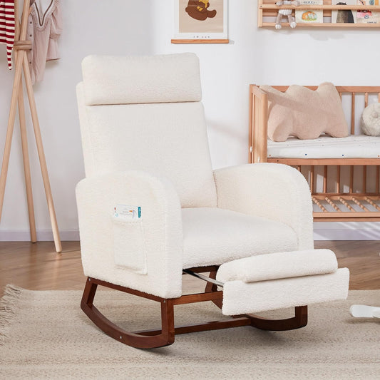 Nursery Rocking Chairs with Foot Rest, Rocking Chair Nursery Chair with High Back, Glider Rocking Chair, Baby Nursery Glider Rocker, Nursing Chair Accent Living Room (Teddy White)