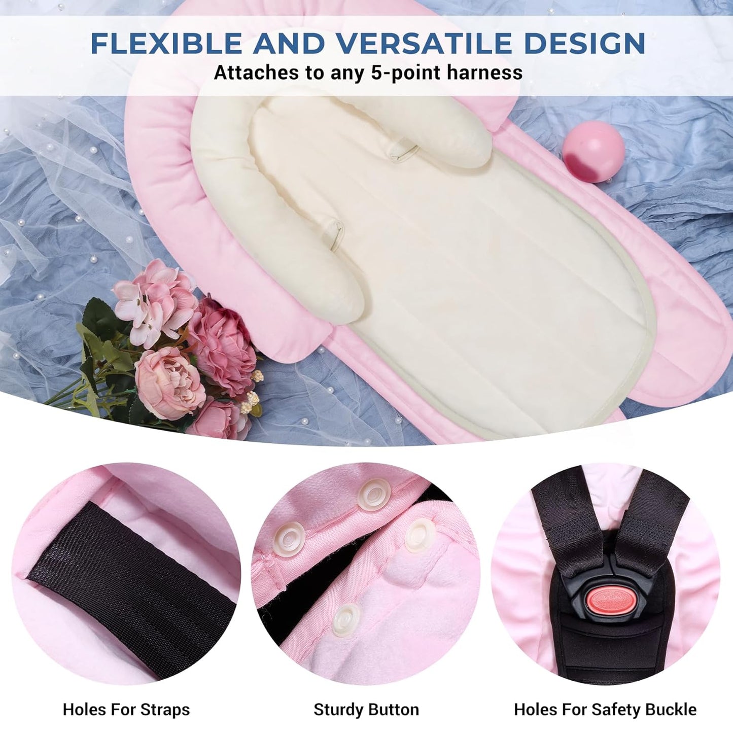 COOLBEBE New Babybody Support & Strap Covers Set for Newborn Infant Toddler- Extra Soft Stroller Cushion Pads Car Seat Insert, Perfect for Carseats, Strollers, Swings, Pink