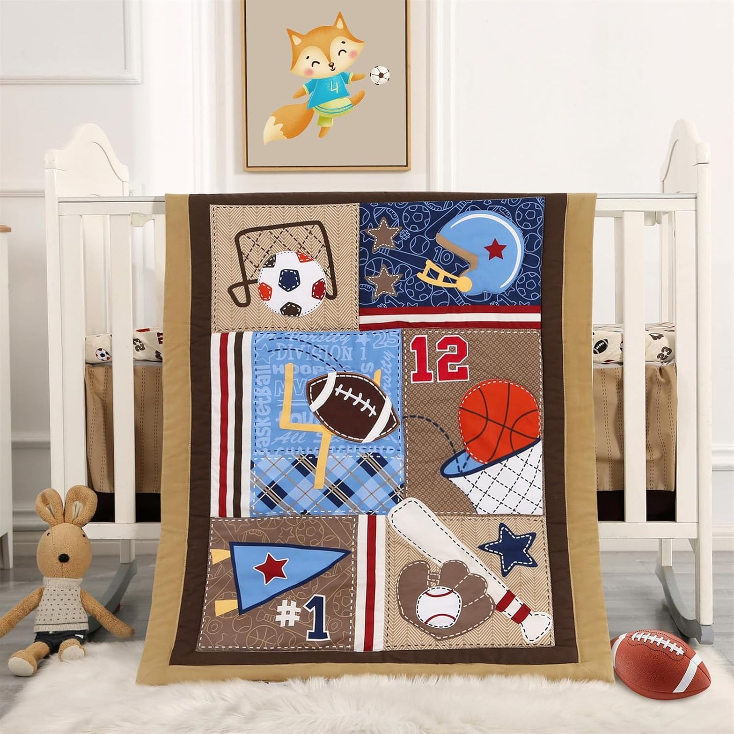 Wowelife Sports Mini Crib Bedding Set Boys Brown 3PCs Mini Crib Comforter Set Basketball Baseball Rugby Nursery Bedding Sets for Boys with Soft Comforter, Crib Skirt and 38x24 Sheet, Brown