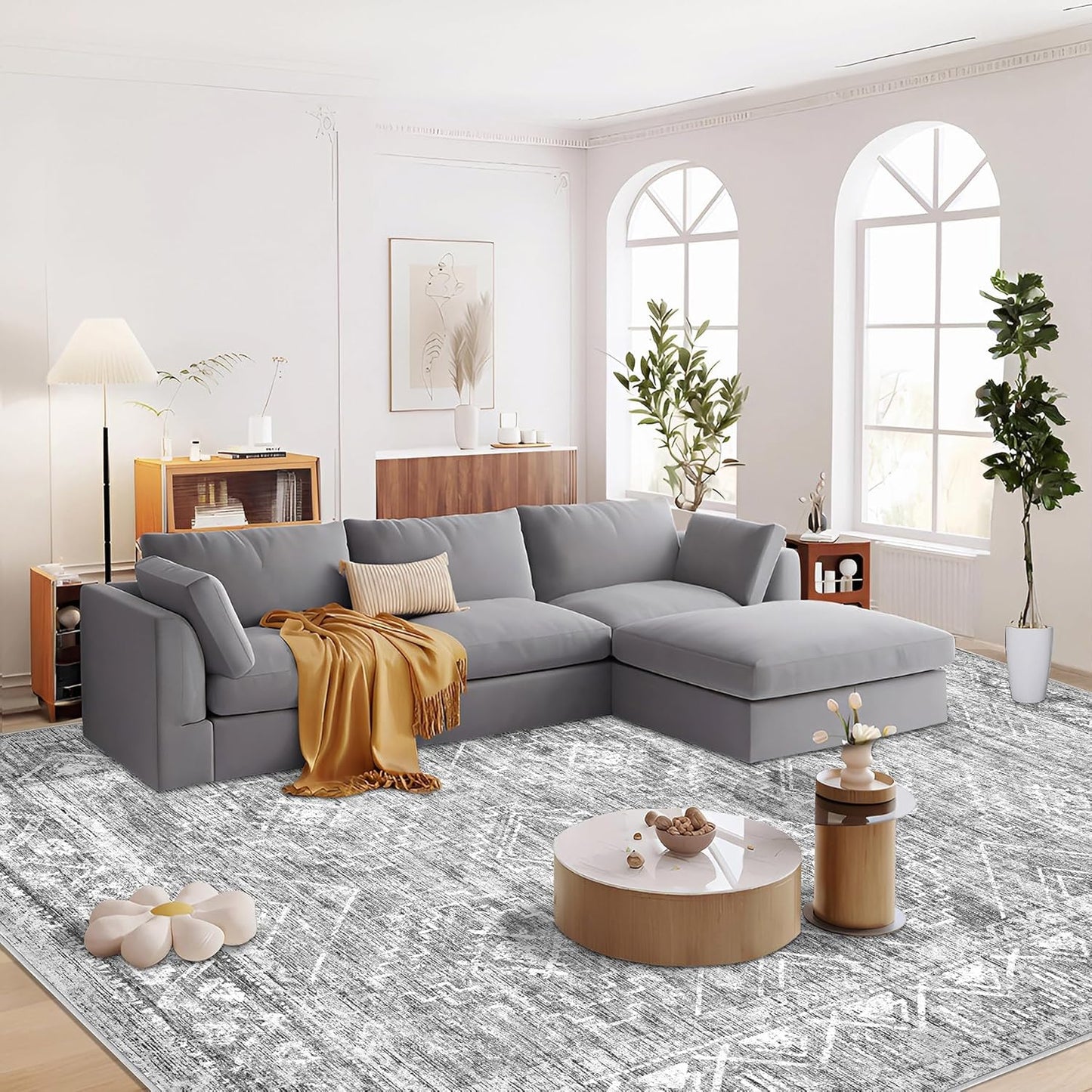 Large Living Room Area Rug 8x10 - Machine Washable Vintage Boho Moroccan Rugs Geometric Neutral Rug Non-Shedding Low Pile Distressed Farmhouse Carpet for Bedroom Nursery Classroom Dorm (8 x 10, Grey)