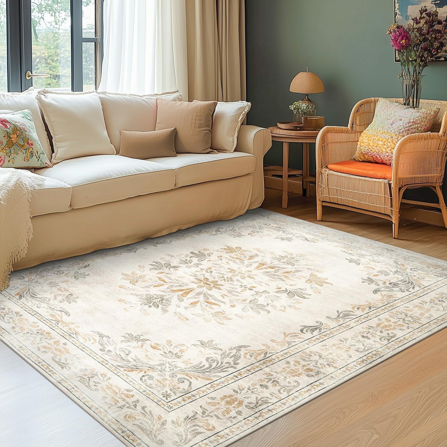 jinchan Vintage Floral 4x6 Area Rugs - Machine Washable Distressed Design Soft Ultra-Thin Low-Pile Non-Slip Carpet for Entryway Kitchen Bedroom Nursery Living Room Dining Room (4x6ft,Light Grey)