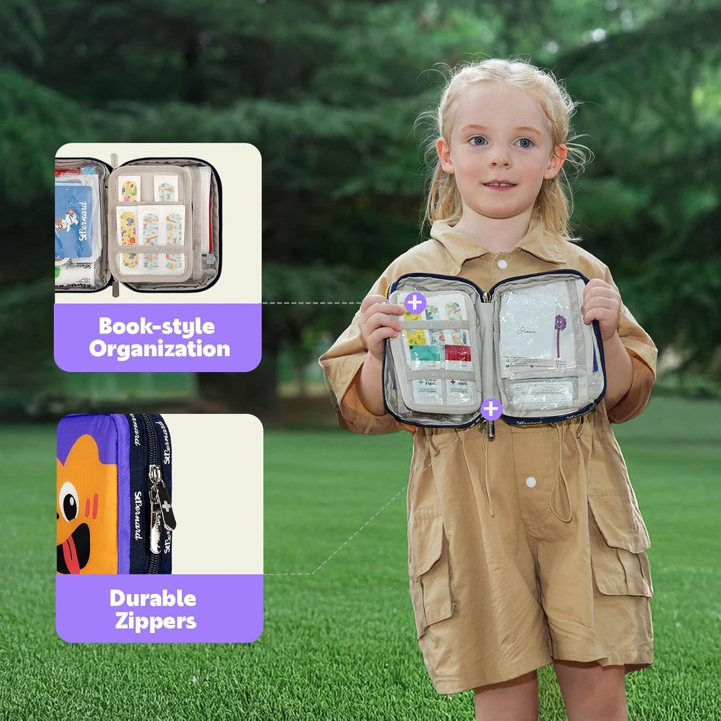 StBernard Small First Aid Kit for Kids and Adults, Medical Kit with Digital Thermometer for Home, Travel, Hiking, Backpack, 6.3x4.33x1.97in, Purple