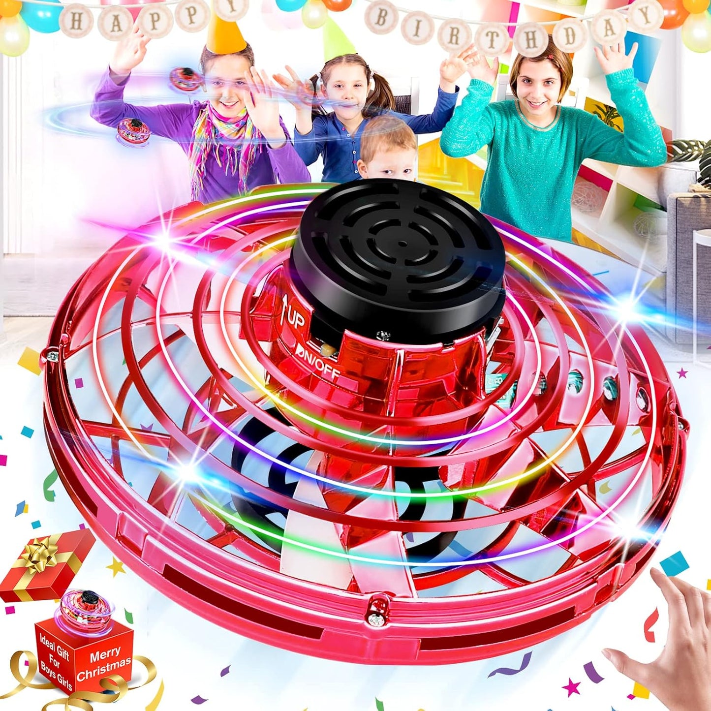 Hand Operated Mini Drone for Kids - LED UFO Flying Orb Ball, Rechargeable Mini Fidget Spinner Toy for Indoor Outdoor,Christmas Birthday Party Gifts for Girls Boys(Red)