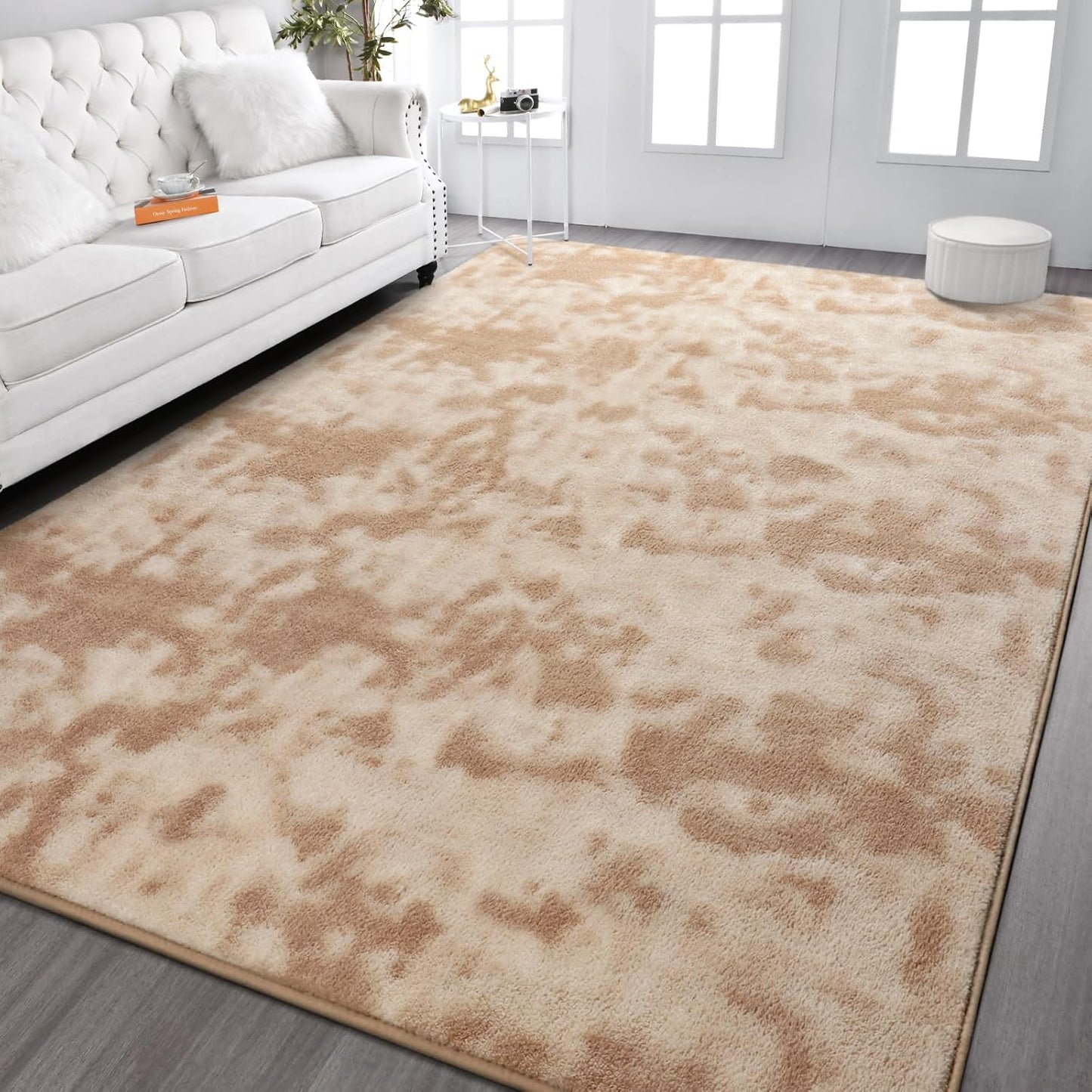 Kimicole 6x9 Washable Area Rugs for Living Room Bedroom, Large Low Pile Ulta-Thin Solid Color Rug, Non-Slip Soft Fluffy Carpet for Nursery Kids Room Dorm Room Home Decor (Light Tan)