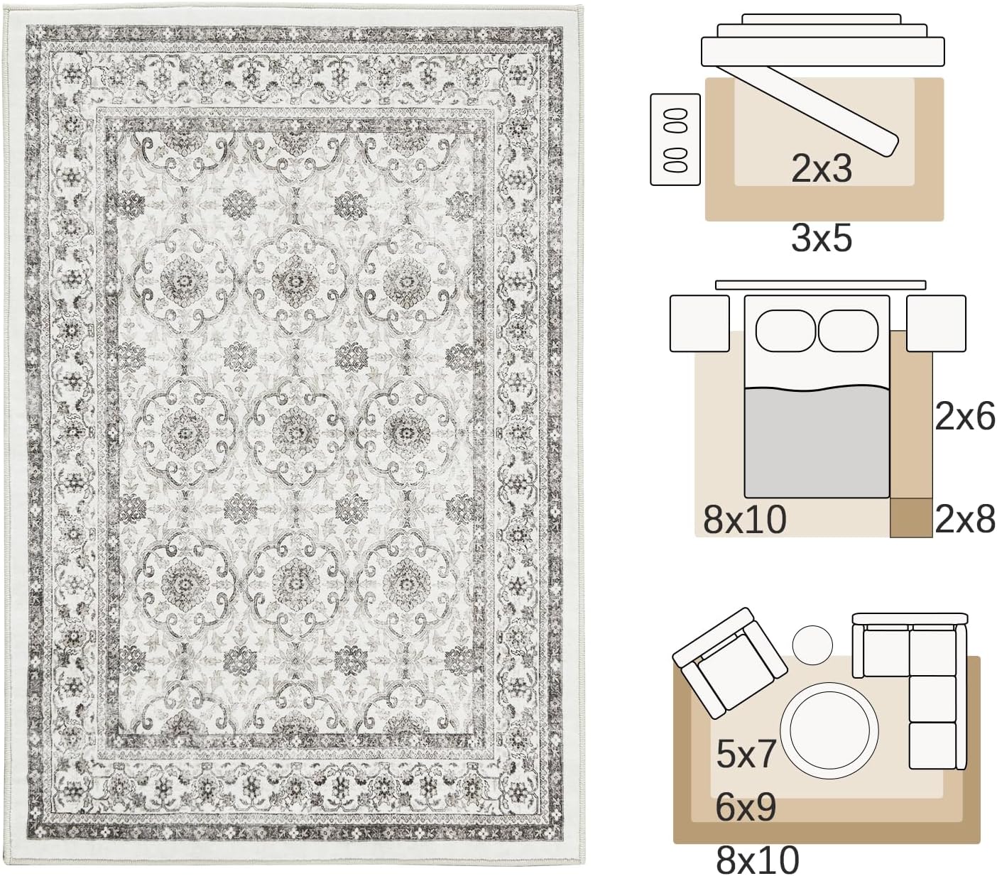 jinchan Floral 5x7 Area Rugs for Bedroom - Machine Washable Vintage Distressed Boho Design Throw Rug Stain Resistant Carpet Low-Pile Thin Non-Slip for Nursery Living Room Dining Room (5‘x7',Beige)