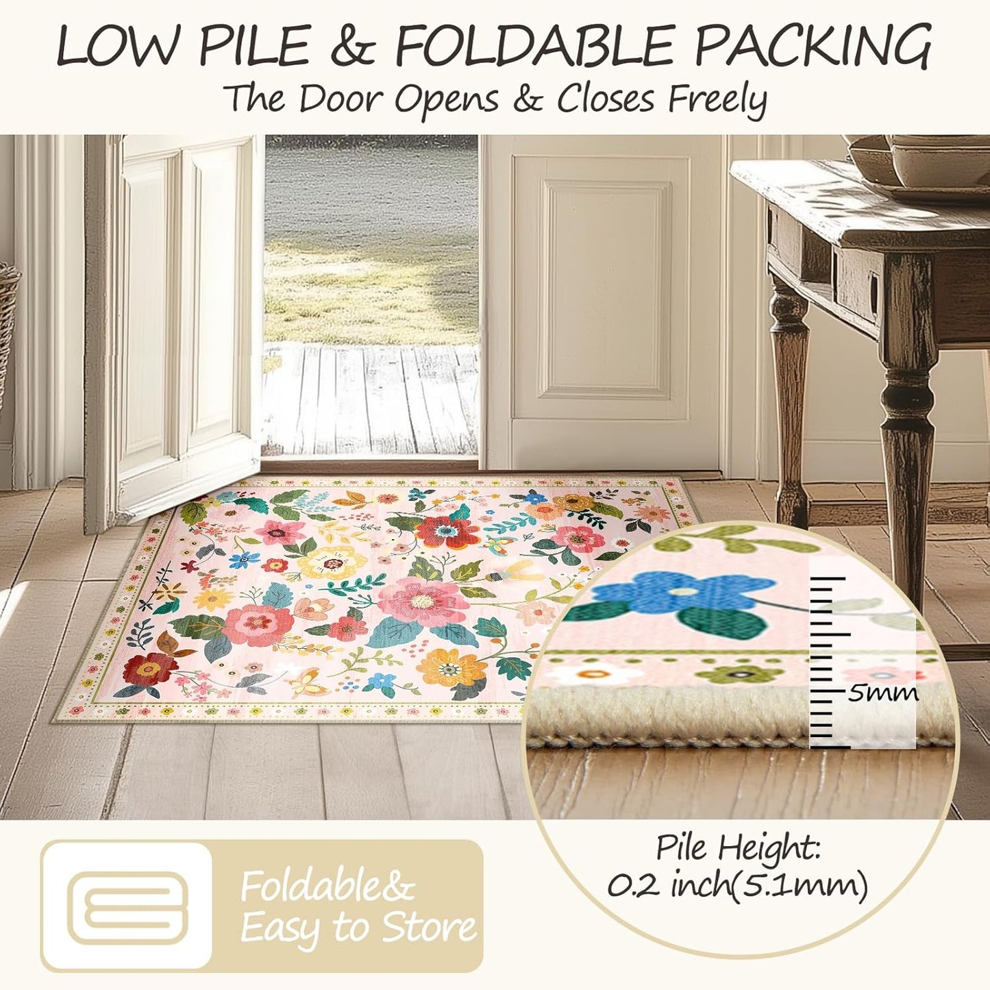 Floral 2x10 Area Rug Machine Washable Soft Print Boho Carpet Non Slip Doormat Low Pile Flower Area Rugs for Living Room Bedroom Nursery Kitchen Dining Room Indoor-Pink