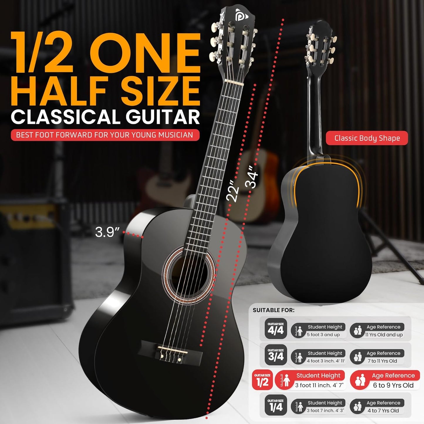 Pyle Beginner Acoustic Guitar Kit, 1/2 Junior Size All Wood Build Nylon String Instrument with Capo, Strap, Extra String Set, Gig Bag, Guitars for Beginners Adults Youth, 34" Black Gloss