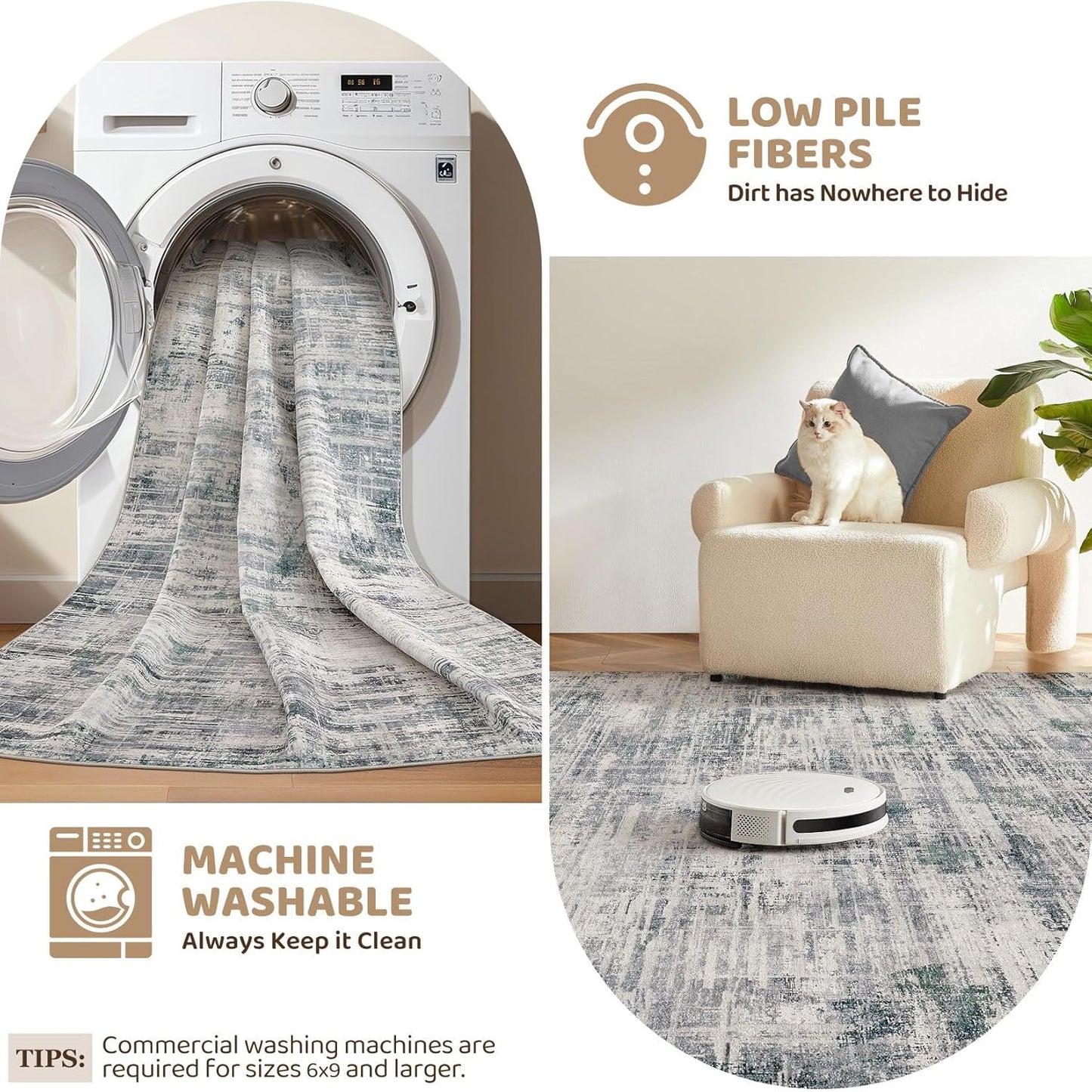 Area Rug for Living Room: 10x12 Washable Neutral Abstract Modern Soft Rugs Non Slip Indoor Floor Stain Resistant Large Carpet for Bedroom Dining Room Office Nursery - Gray