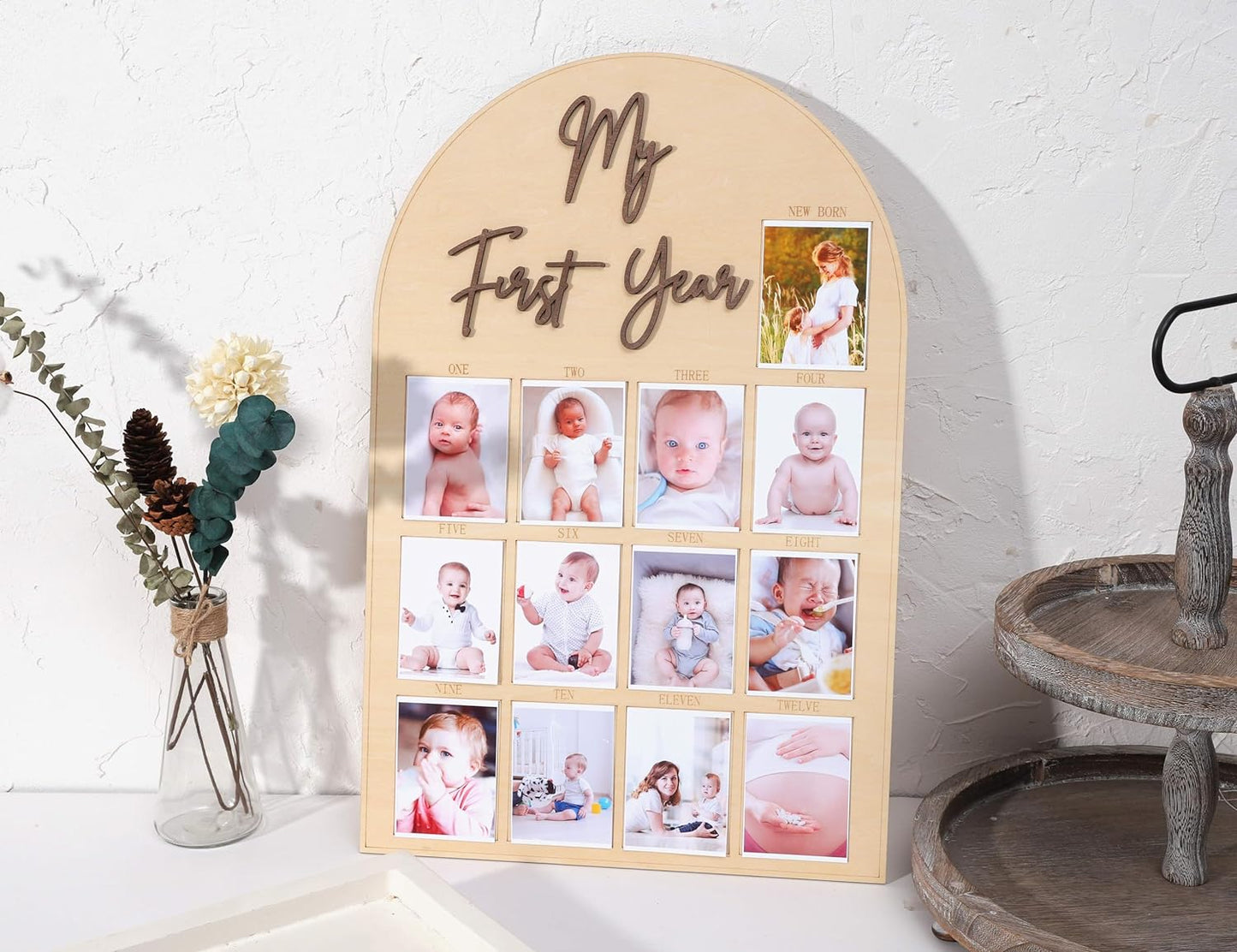 One Year Wood Photo Board - My First Year Month Milestone Board, Girl/Boy 1st Birthday Decorations, 12 Months Banner