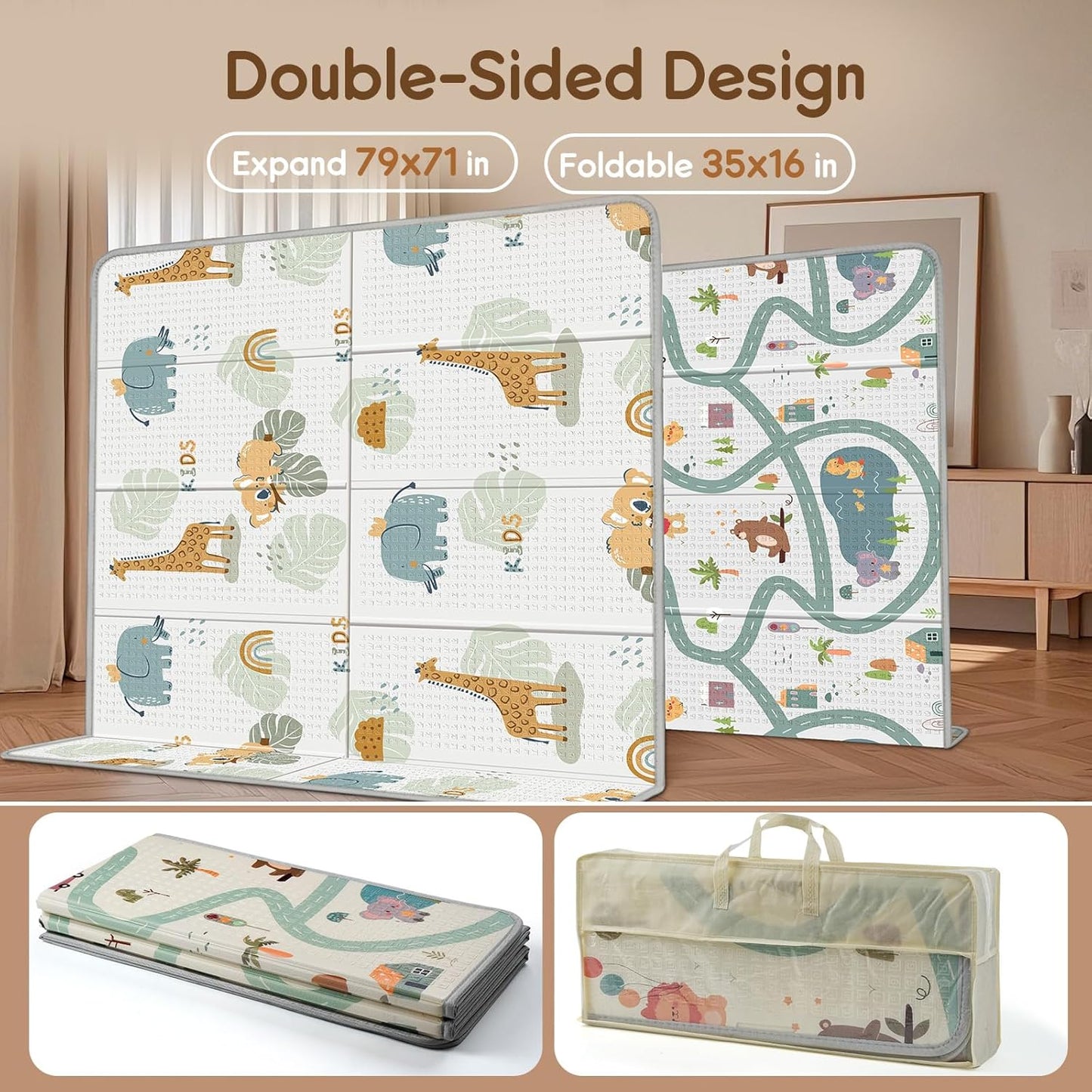 Foldable Baby Play Mat for Floor, PIGLOG 79x71 Extra Large Crawiling Play Mat for Babies, Waterproof & Portable Tummy Time and Non-Toxic Soft Foam Playmat for Infants, Toddlers