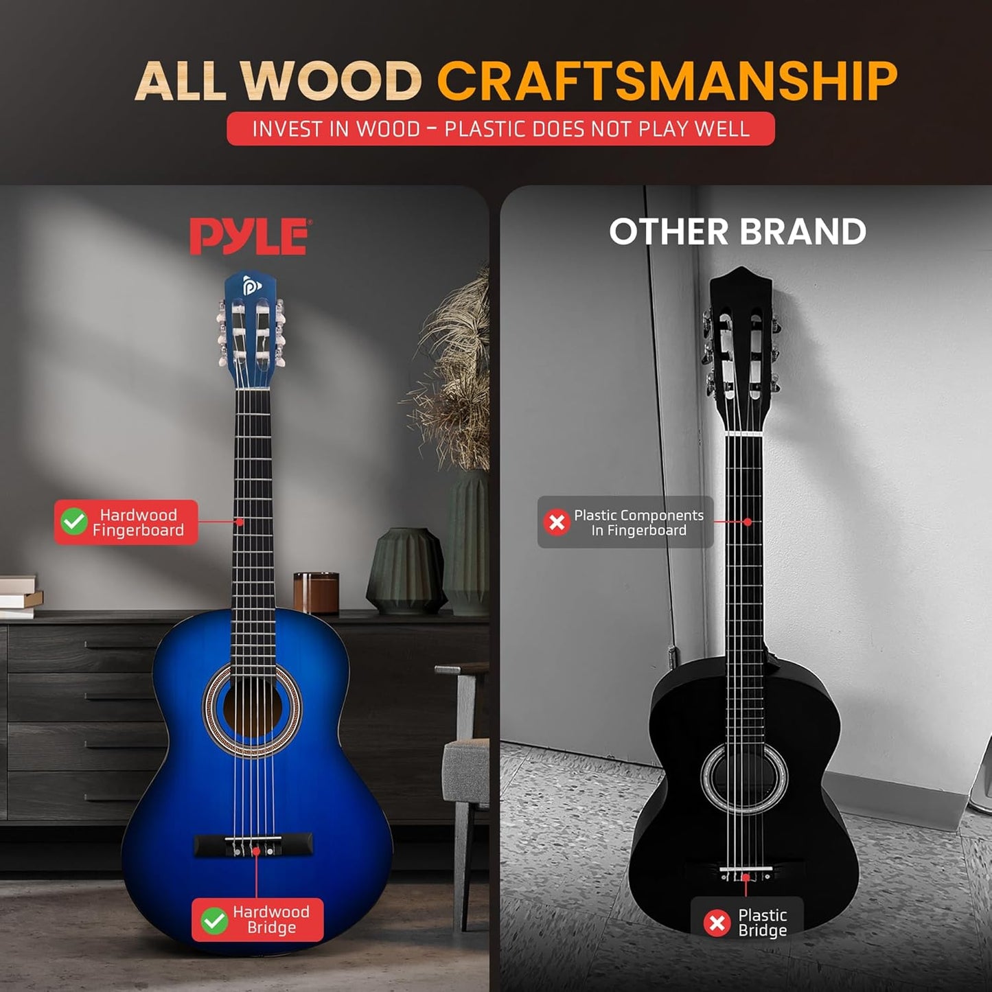 Pyle Beginner Acoustic Guitar Kit, 4/4 Full Size All Wood Build Nylon String Instrument with Capo, Strap, Extra String Set, Gig Bag, Guitars for Beginners Adults Youth, 39" Blue Burst Gloss