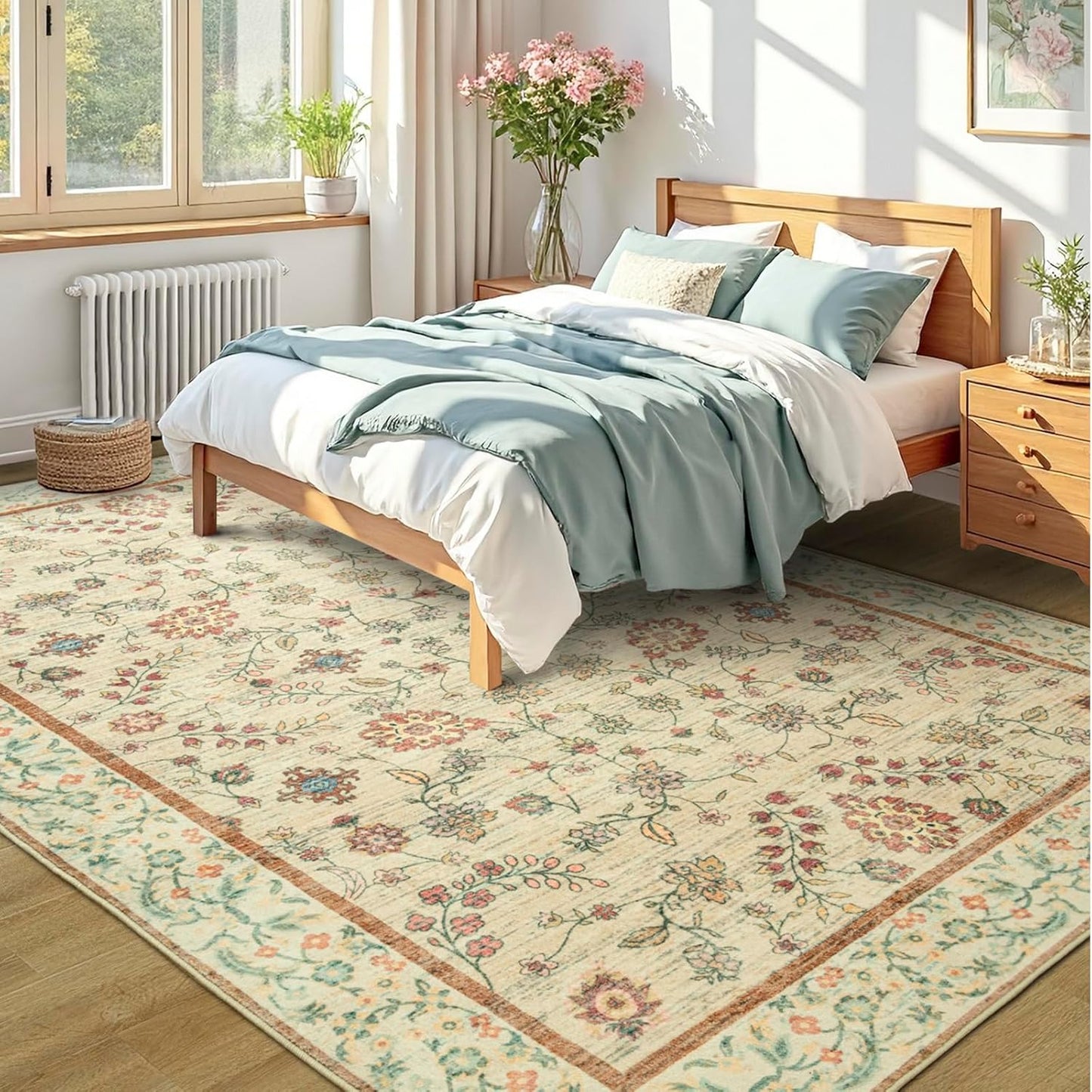 LOCHAS Washable Area Rugs 5x7, Beige Floral Rug for Living Room Bedroom Non Slip, Ultra Soft Vintage Indoor Carpet for Kids, Nursery, Dorm, Dining Room, Classroom, Boho Flower Home Decor, Low-Pile