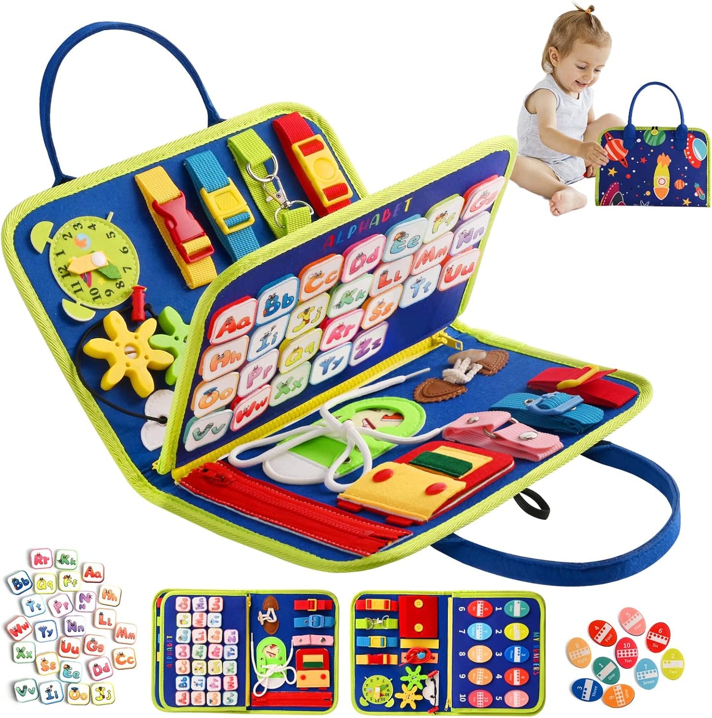 TenFans Montessori Busy Board | 1-4 Year Old Toddler Learning Toy | Fine Motor Skills Development | Montessori Sensory Playset | Early Childhood Education Tool | Portable Travel Preschool Activity Kit