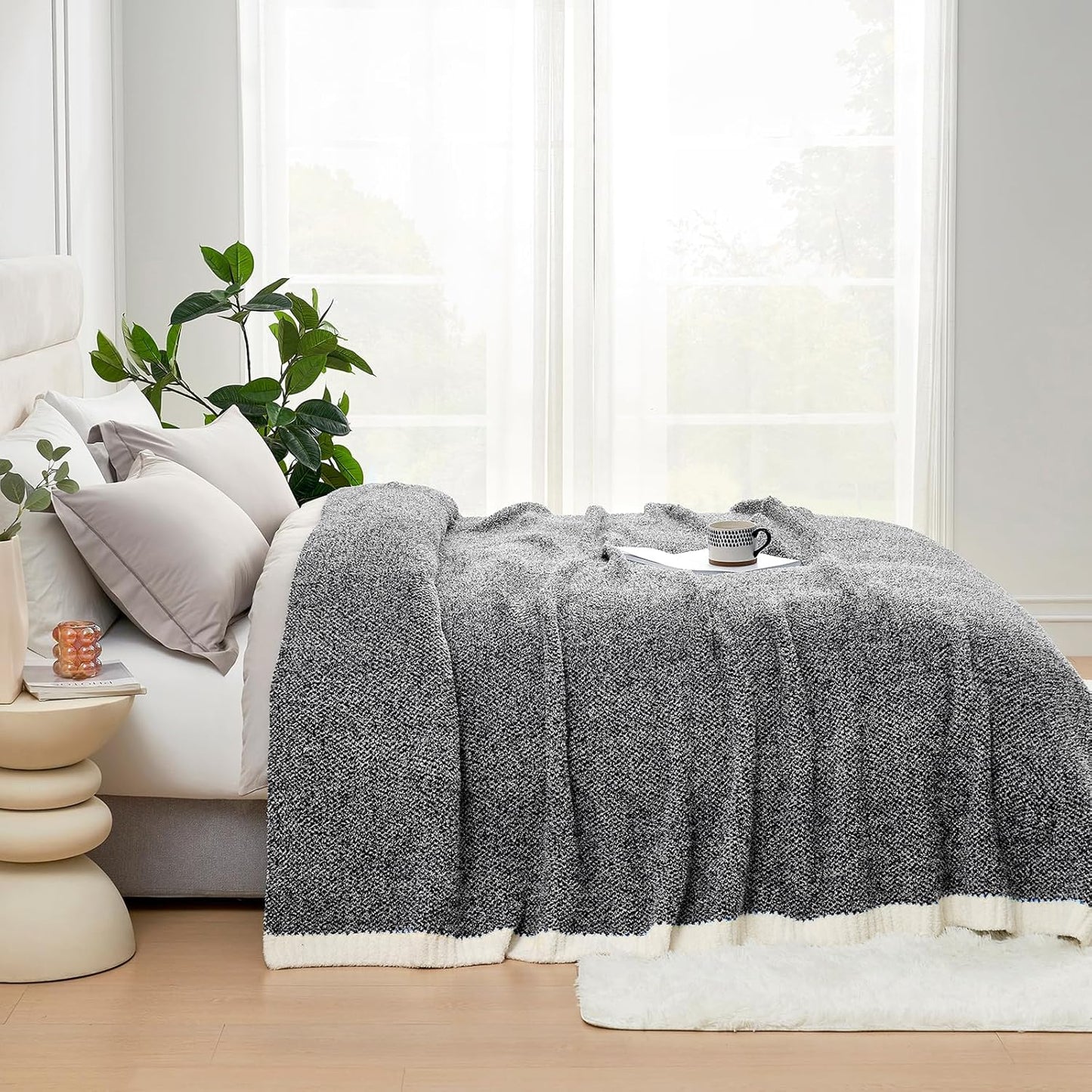 Snuggle Sac Queen Size Bedding Blanket Black, Super Soft Warm Cozy Bed Blankets Oversized Fuzzy Plush Blankets for Bed, Bedroom, Heather Black, 90x90 inches