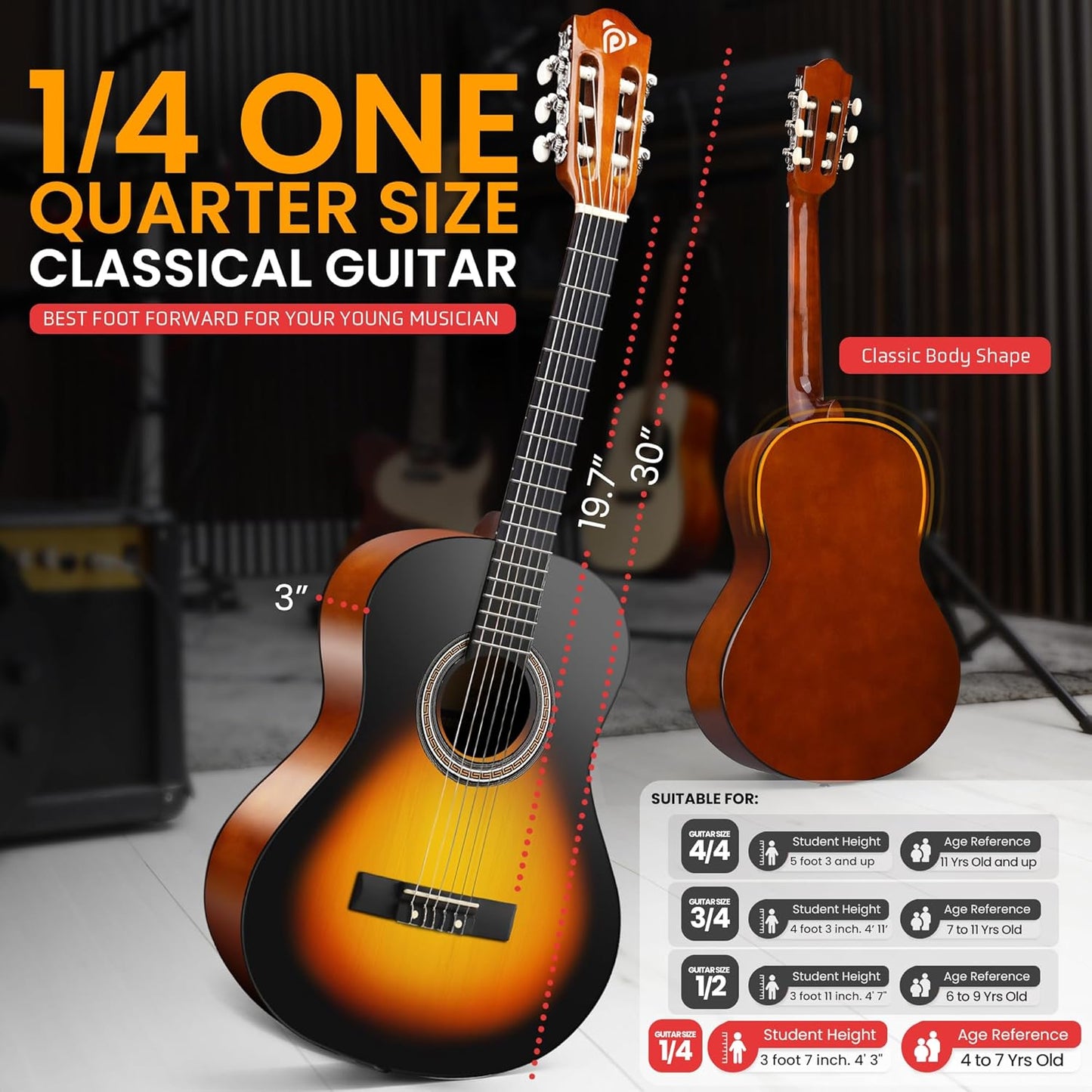 Pyle Beginner Acoustic Guitar Kit, 1/4 Junior Size All Wood Build Nylon Stringed Instrument with Capo, Strap, Extra String Set, Gig Bag, Guitars for Beginners Adults Youth, 30" Sunburst Teardrop Gloss