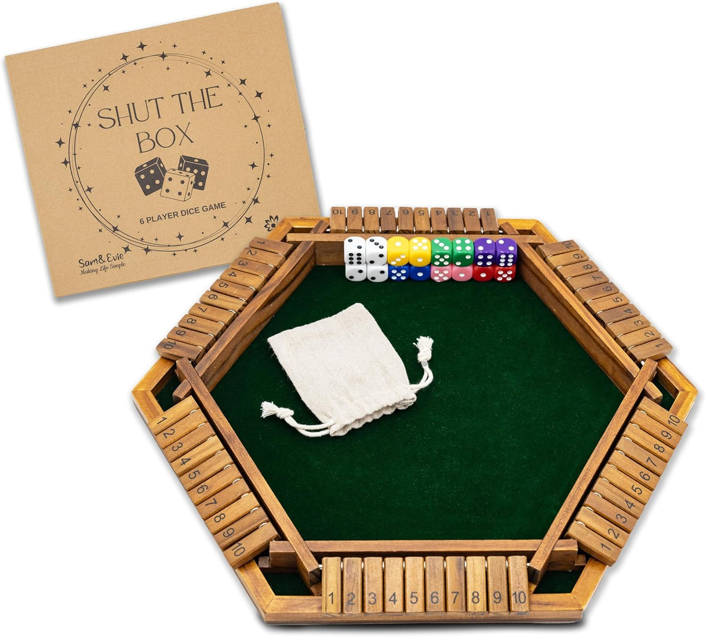 Sam & Evie 1-6 Player Shut The Box Game Wooden Close The Box Dice Game Board with Folding Tiles – Classic Family Table Game for Adults, Kids, Party, Travel, Classroom – 4 to 6 Person Play