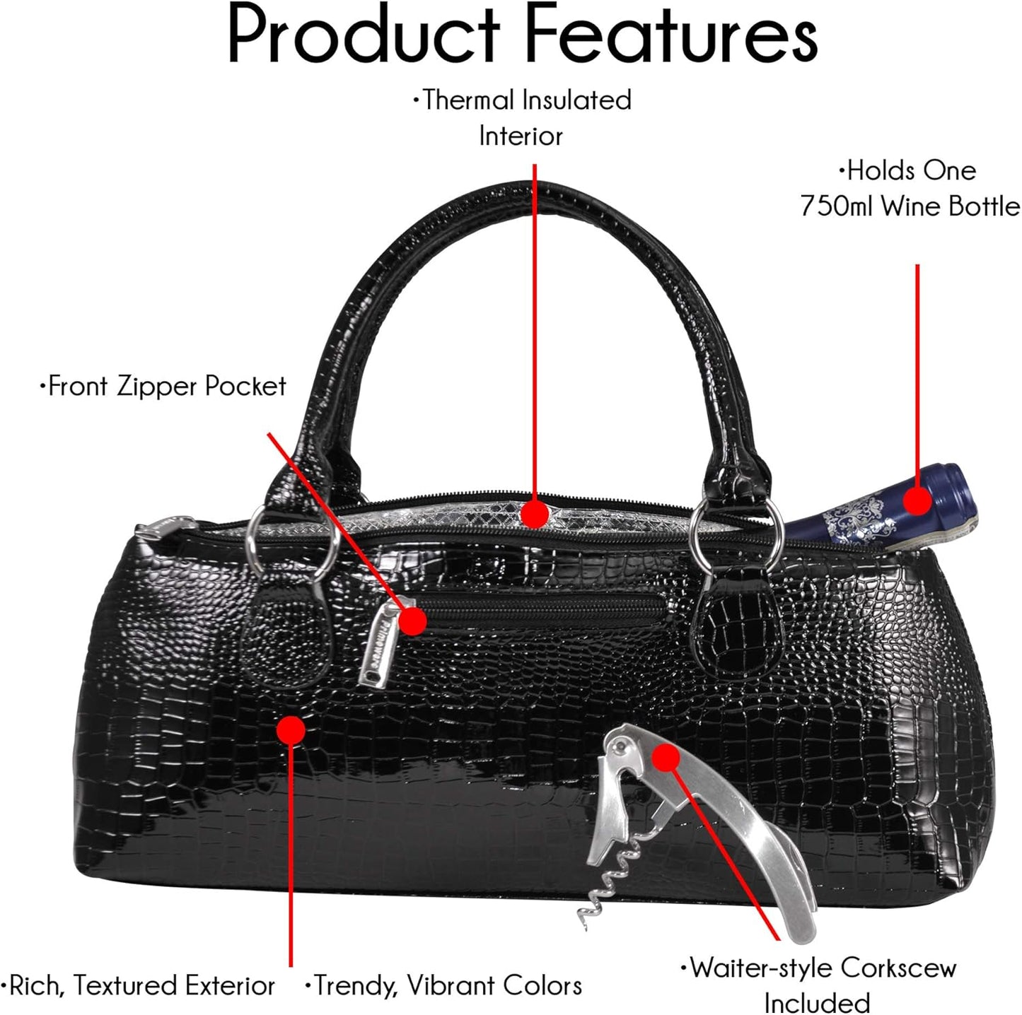 Wine Clutch Bag (Thermal Insulated) Trendy Women’s Carry Tote | Holds Red & White 750mL Bottles | Trendy Fashion | Incl. Portable Waiter-Style Corkscrew