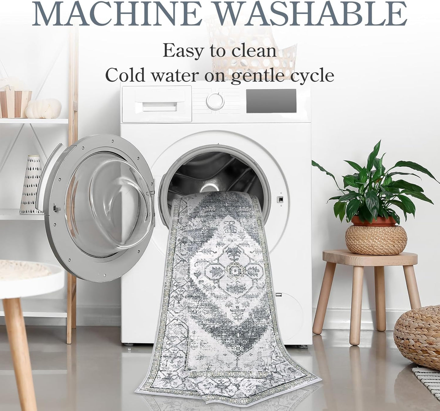 Lahome Boho Washable Rugs for Entryway - 2x3 Small Non-Slip Kitchen Rug Throw Lightweight Area Rugs for Bedroom Grey Print Oriental Distressed Bathroom Mat Floor Doormat Carpet for Laundry Living Room