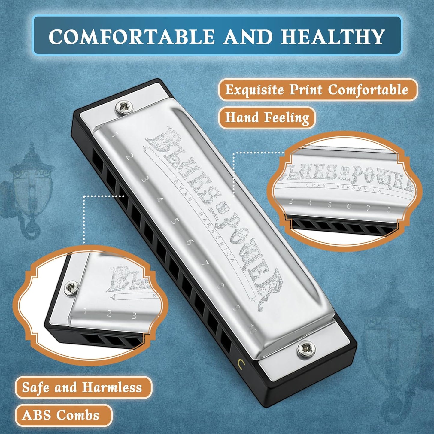 SWAN Blues Harmonica, Key of C, 10 Hole 20 Tone Diatonic Harp Mouth Organ, Stainless Steel Deluxe Harmonica for Adults, Students, Beginners, as a Gift (Silver-C)