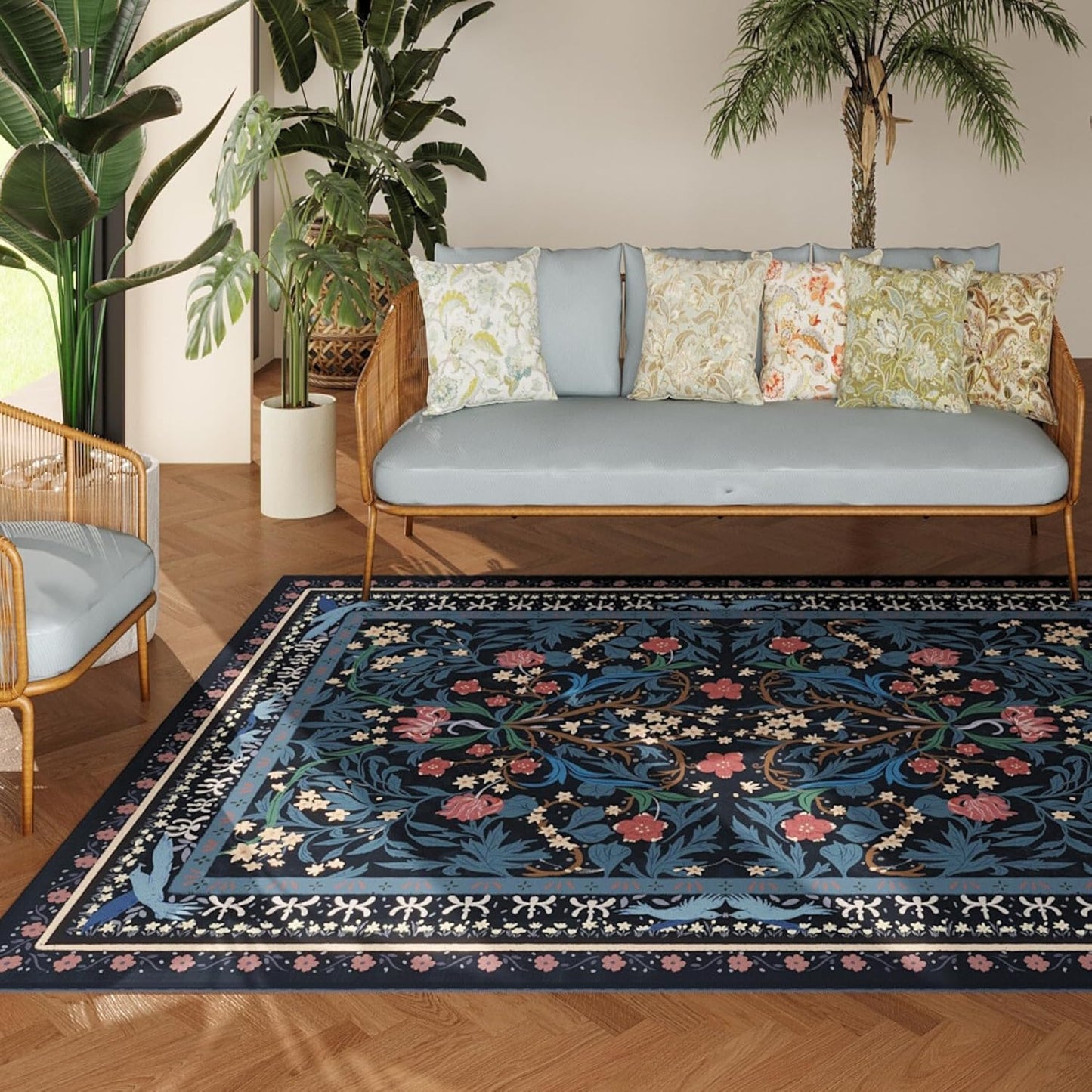 Area Rug 4x6 Rug Washable Vintage Floral Botanical Rugs Non Slip Low Pile Small Carpet for Bedroom, Bedside, Kids Room, Office, Dining Room, Blue
