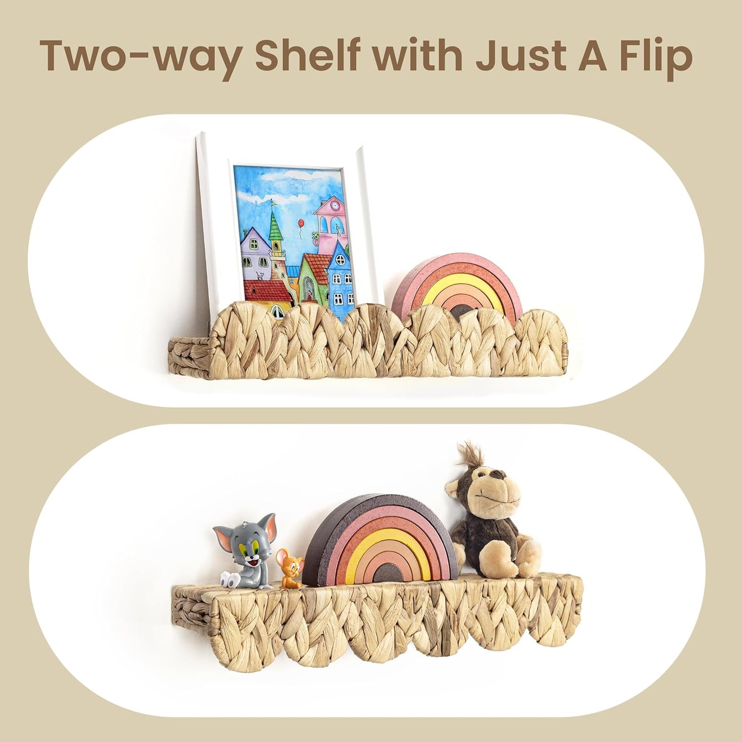 AELS Scalloped Nursery Bookshelf, Set of 4, Picture Ledge Shelf for Wall Decor, Woven Natural Water Hyacinth Floating Shelves for Books, Toys, Photo Frames, Nursery, Boho Modern Farmhouse Book Shelf
