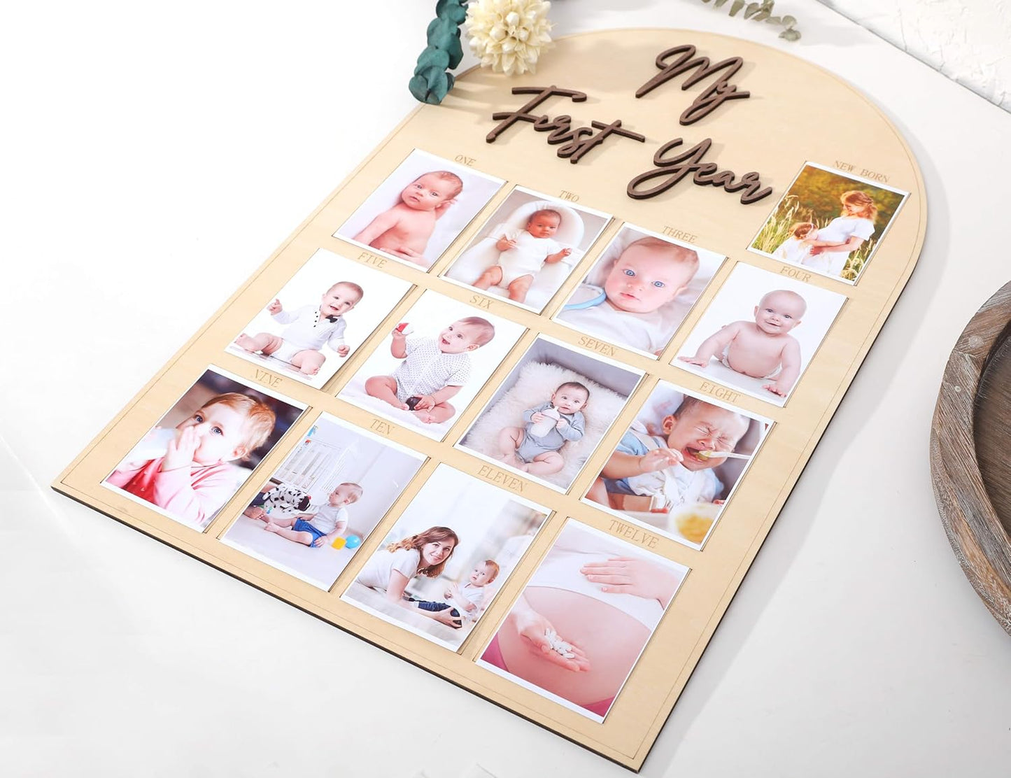 One Year Wood Photo Board - My First Year Month Milestone Board, Girl/Boy 1st Birthday Decorations, 12 Months Banner