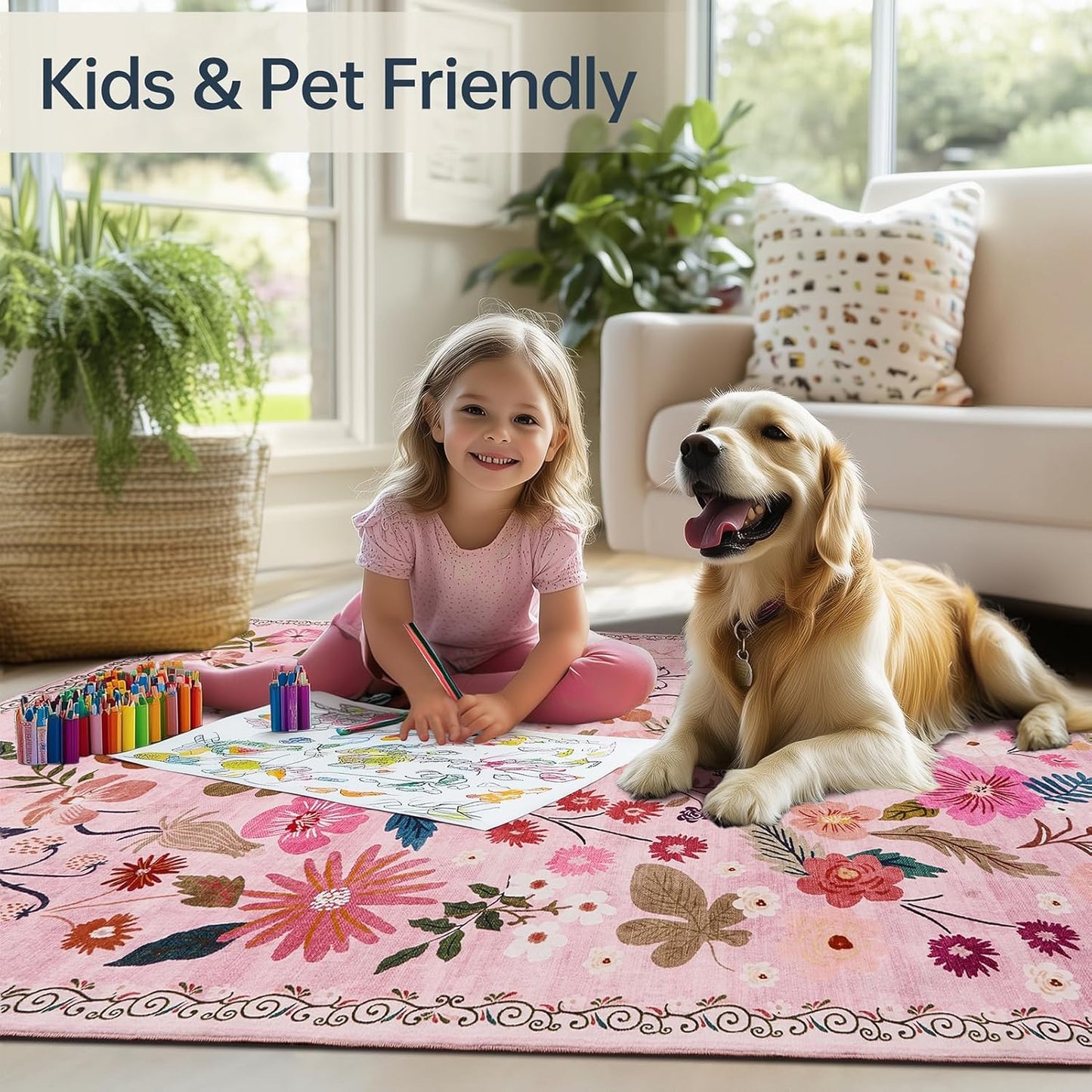Nursery Rug for Baby Girl 4x6 Machine Washable Boho Floral Area Rugs Non Slip Low Pile Stain Resistant Pink Cute Rugs for Living Room Bedroom Dining Room Kids Room Farmhouse Family Room Office Patio