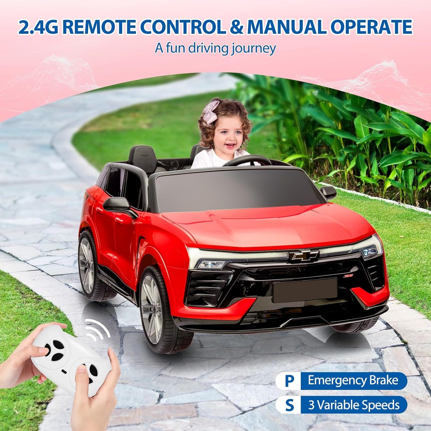 Jojoka Baby Car 24V 2-Seater SUV Licensed Chevrolet Blazer Ride On Toy w/Parent Remote Control,4xSpring Suspension, Wireless Music, Electric Vehicle Car for Kids Ages 3-8, Red