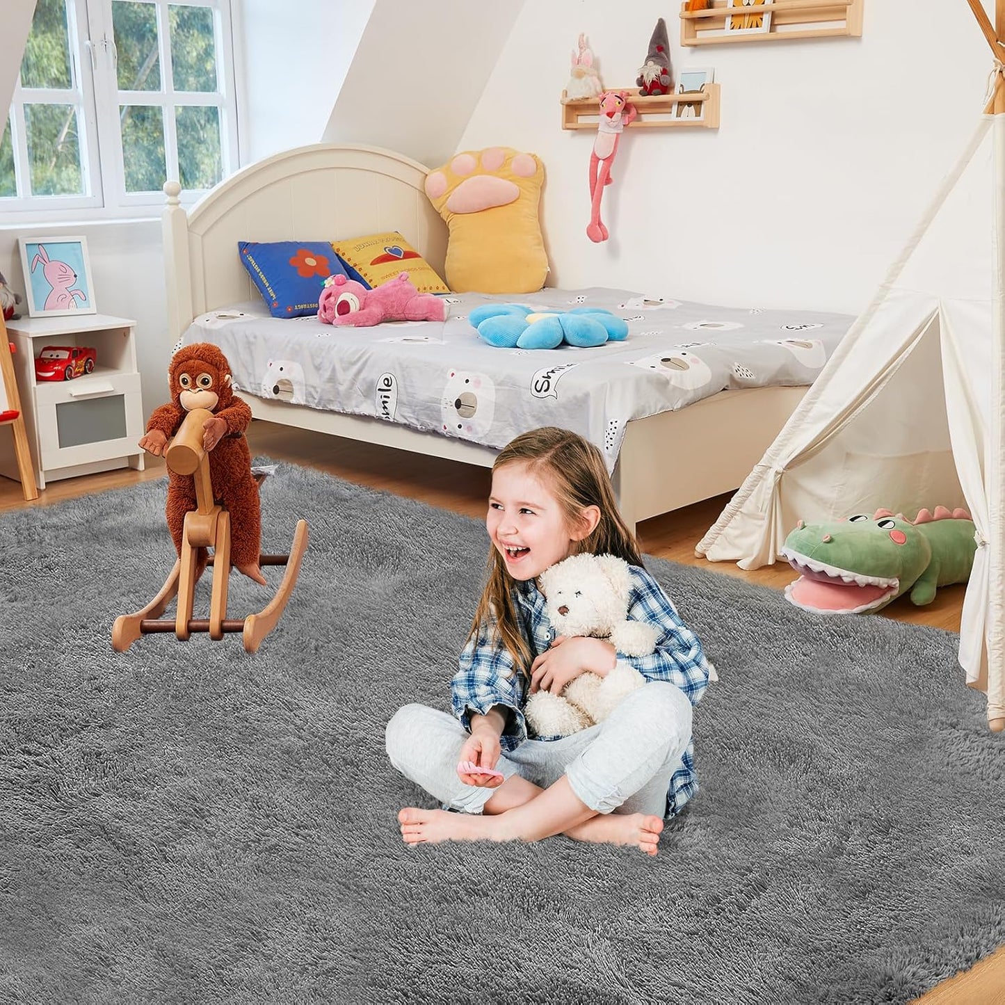 Ultra Soft Rug for Living Room, 9X12 Fluffy Shag Area Rug for Bedroom, Modern Shaggy Carpets Fuzzy Rug for Teens Dorm Nursery Home Decor Aesthetic, Upgrade Anti-Skid Durable, Grey