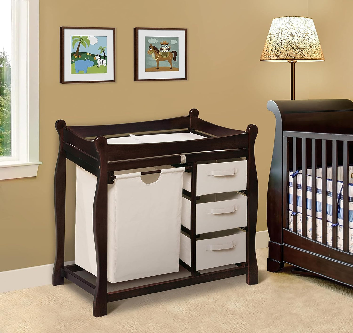 Badger Basket Sleigh-Style Baby Changing Table - Diaper Changing Station with 3 Storage Baskets - Nursery Organizer with Hamper, Changing Pad, Safety Rails - Espresso