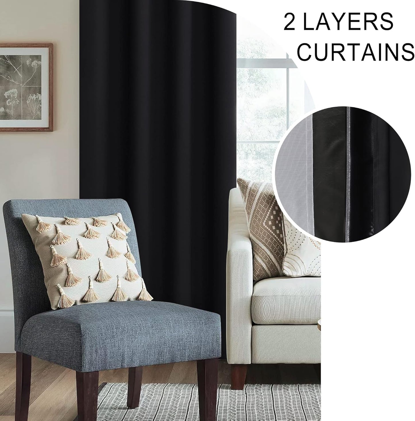 XWZO 100% Blackout Curtains - Extra Long Rod Pocket Thermal Insulated Black Liner Curtains, Noise Reducing and Heat Blocking Drapes for Bedroom with Tiebacks, Black, W52 x L108, Set of 2
