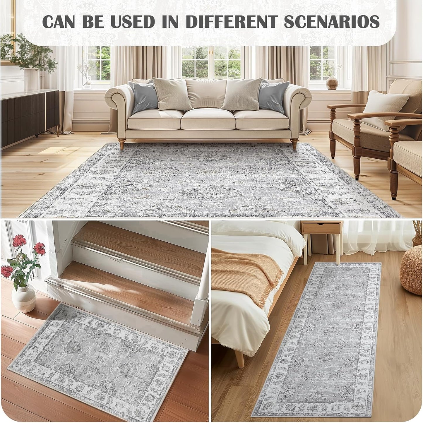 jinchan Runner Rug 3x8-2pcs Kitchen Washable Vintage Rug Hallway RugFloral Print Floor Cover Indoor Thin Retro Mat Accent for Bathroom Laundry Room Bedroom Office Farmhouse (Double,Grey)