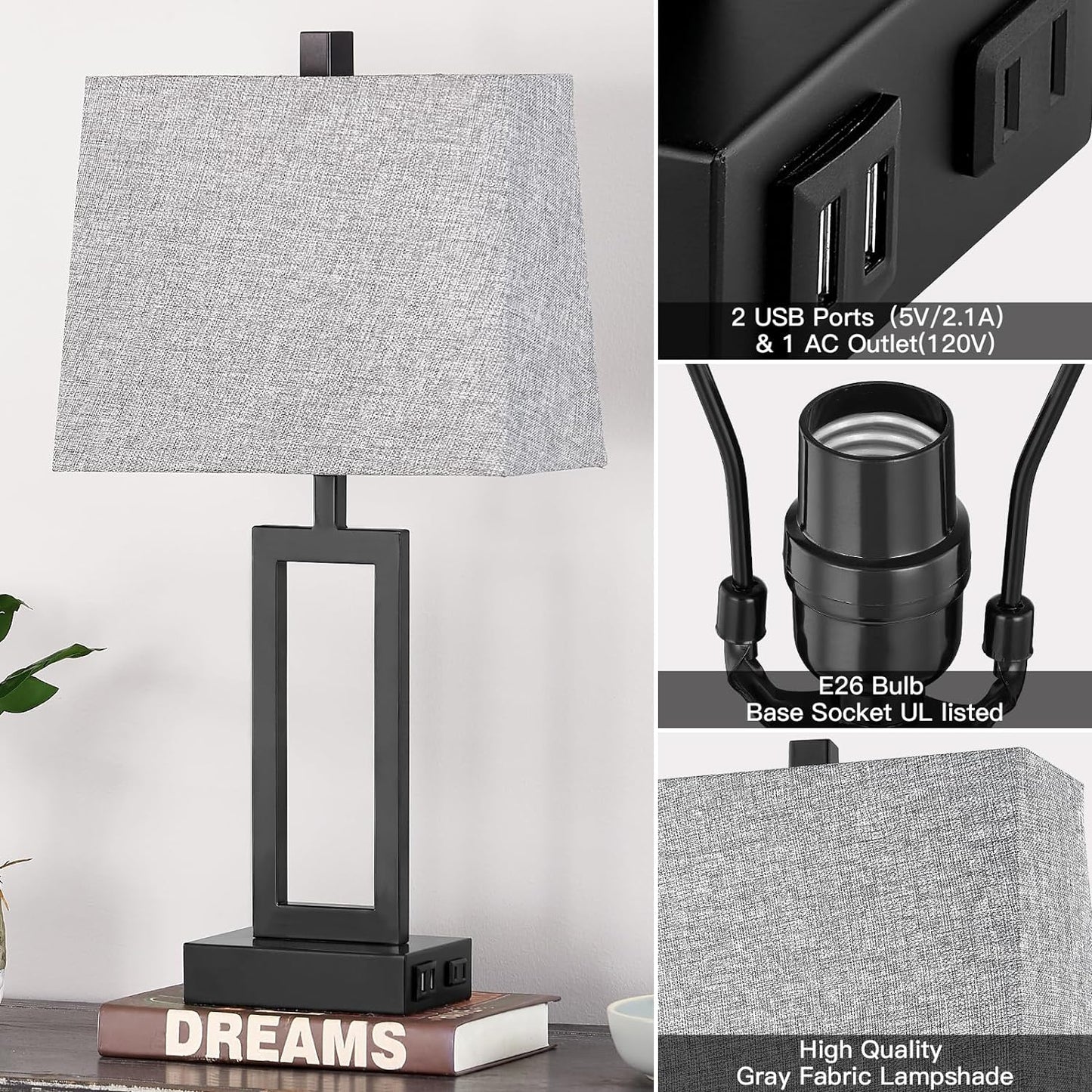 23.5" Touch Control Table Lamps Set of 2, Bedside Lamp with 2 USB Charging Ports & AC Outlet, 3-Way Dimmable Modern Nightstand Lamp for Living Room Bedroom End Table Office(2700K 2 LED Bulbs Included)